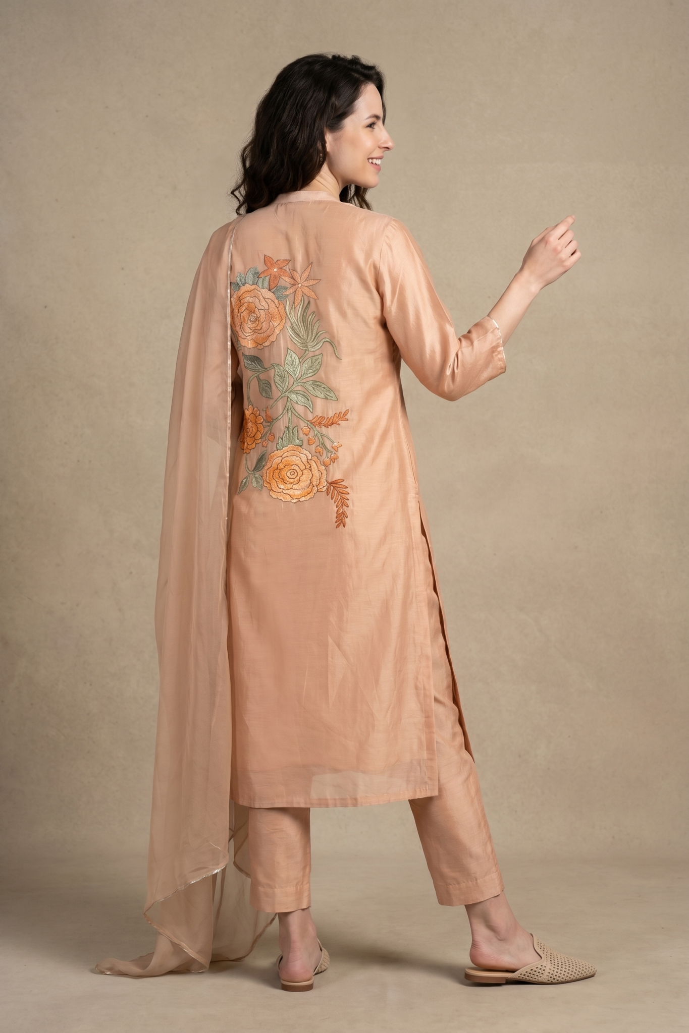 Peach Floral Embroidered Salwar Set