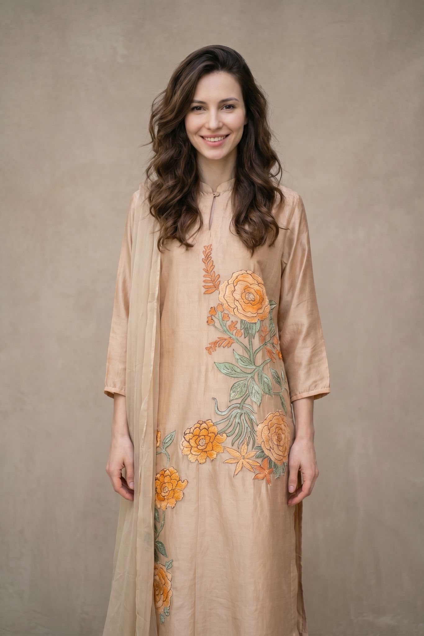 Peach Floral Embroidered Salwar Set