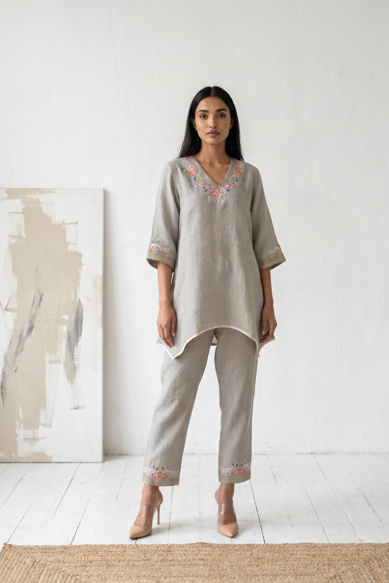 Stone Grey Embroidered Linen Co-ord Set