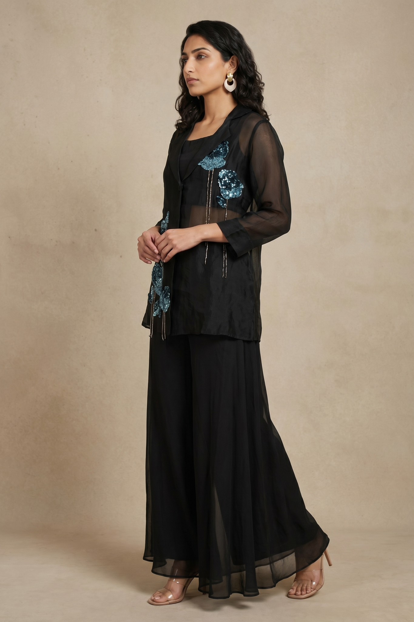 Black Organza Floral Embellished Co-Ord Set