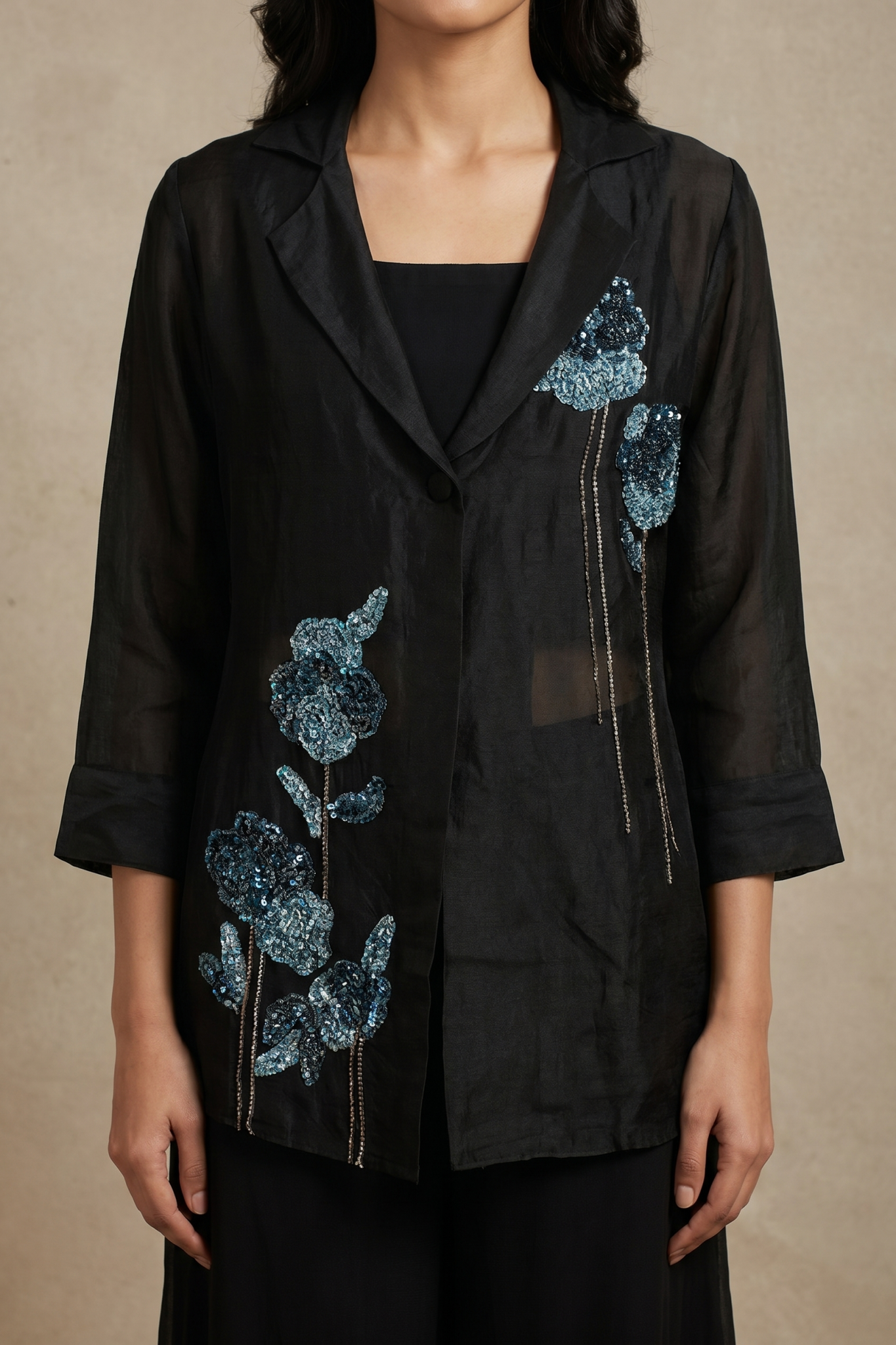 Black Organza Floral Embellished Co-Ord Set