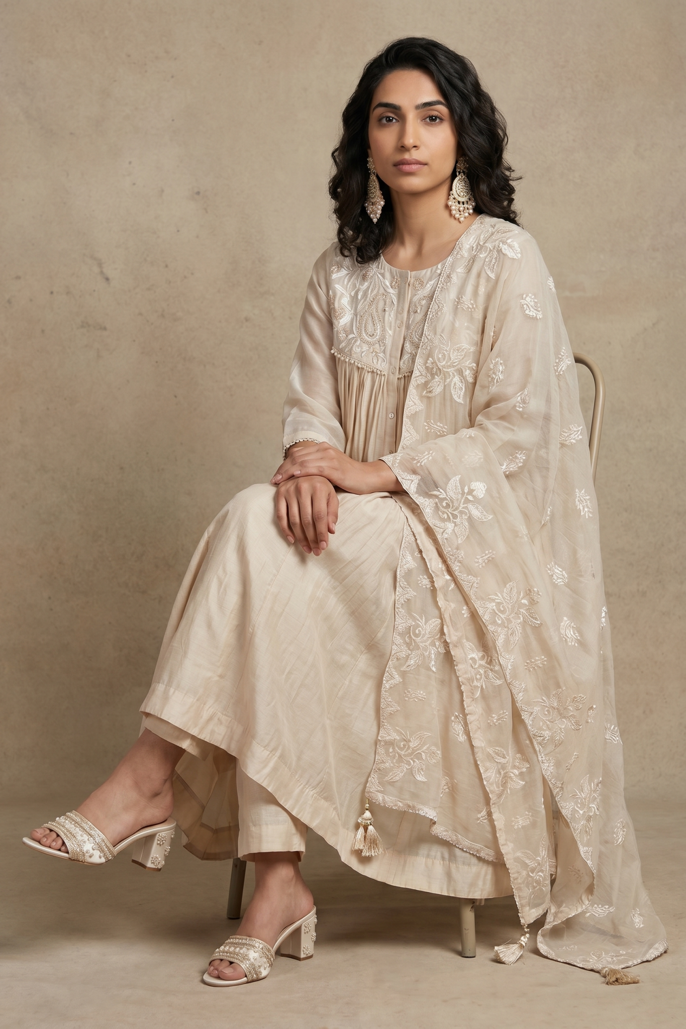 Ivory Beige Cotton Anarkali Set