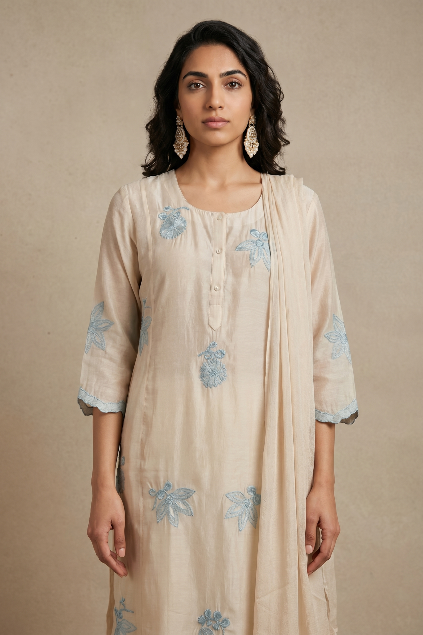 Off White Floral Embroidered Cotton Salwar Set