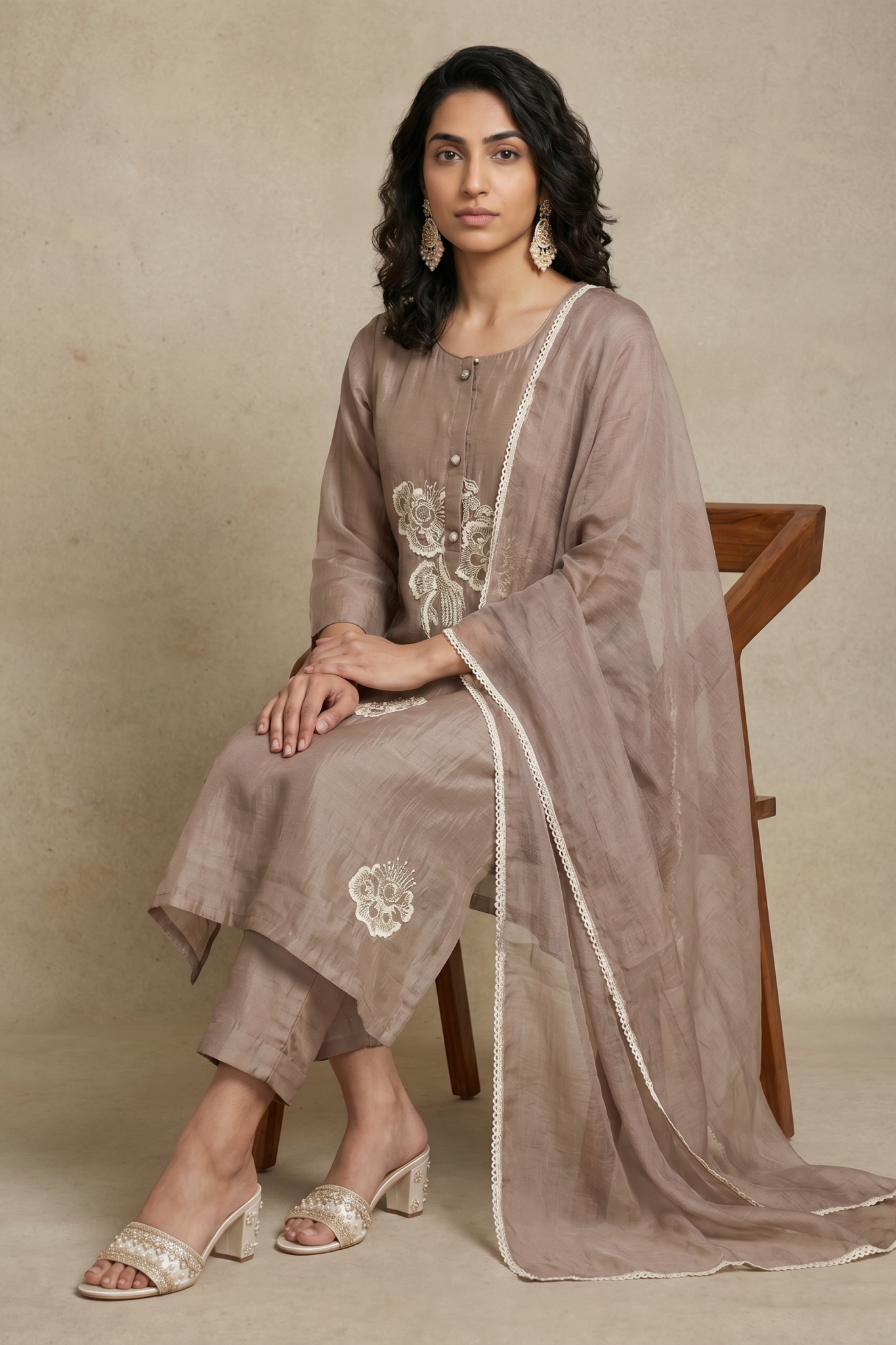 Taupe Floral Embroidered Cotton Salwar Set