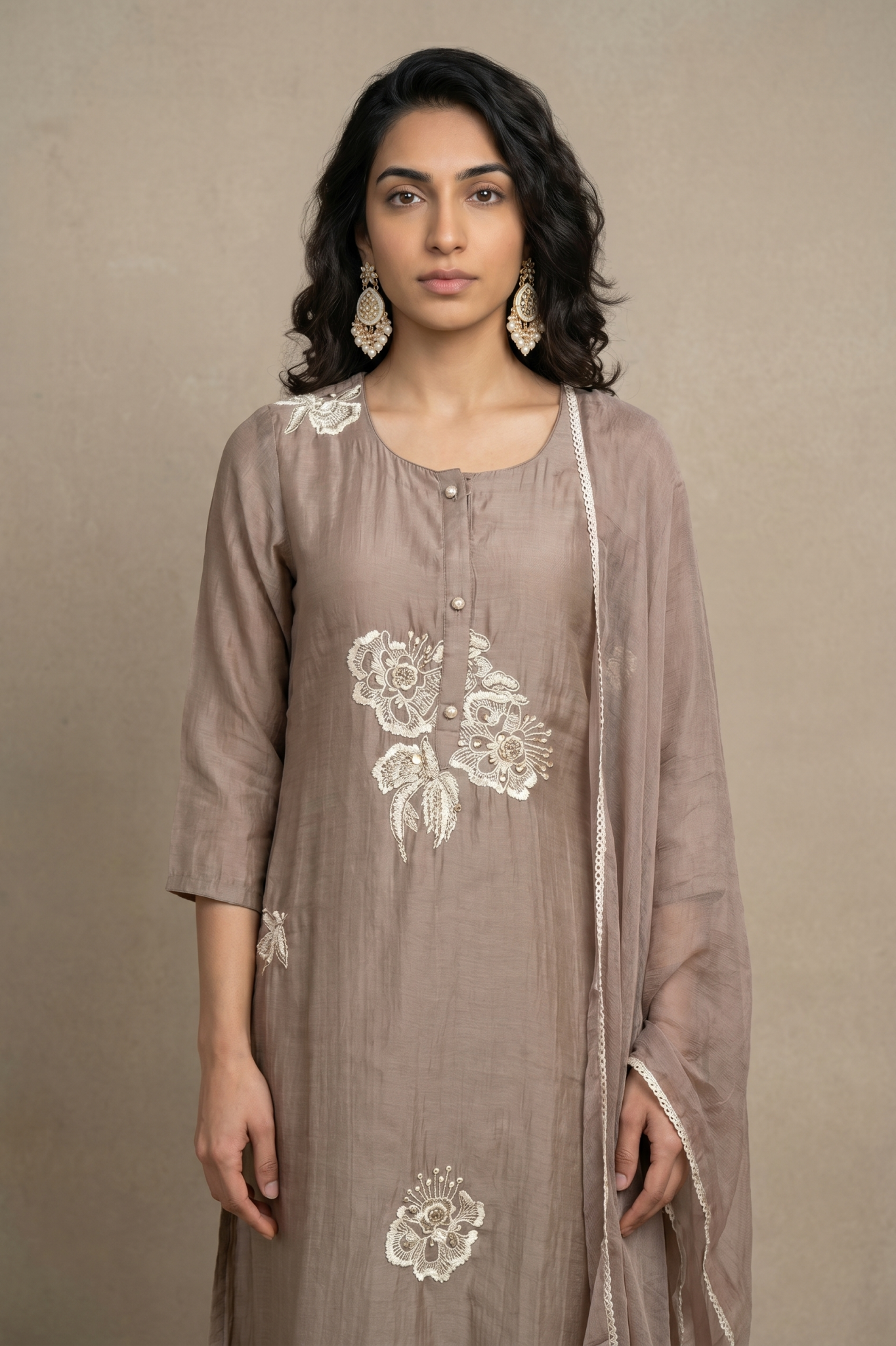 Taupe Floral Embroidered Cotton Salwar Set