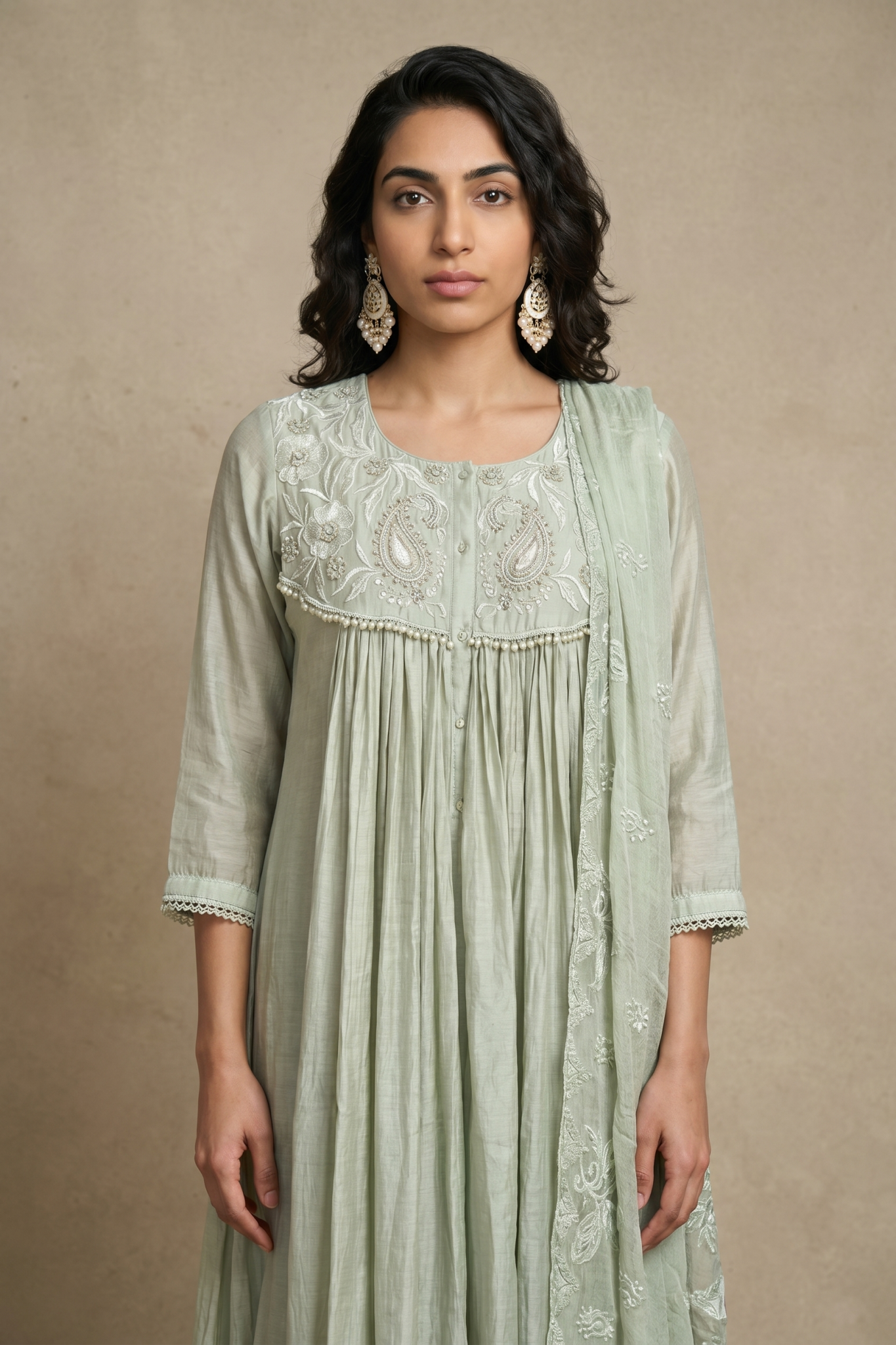 Sage Green Embroidered Cotton Anarkali Set