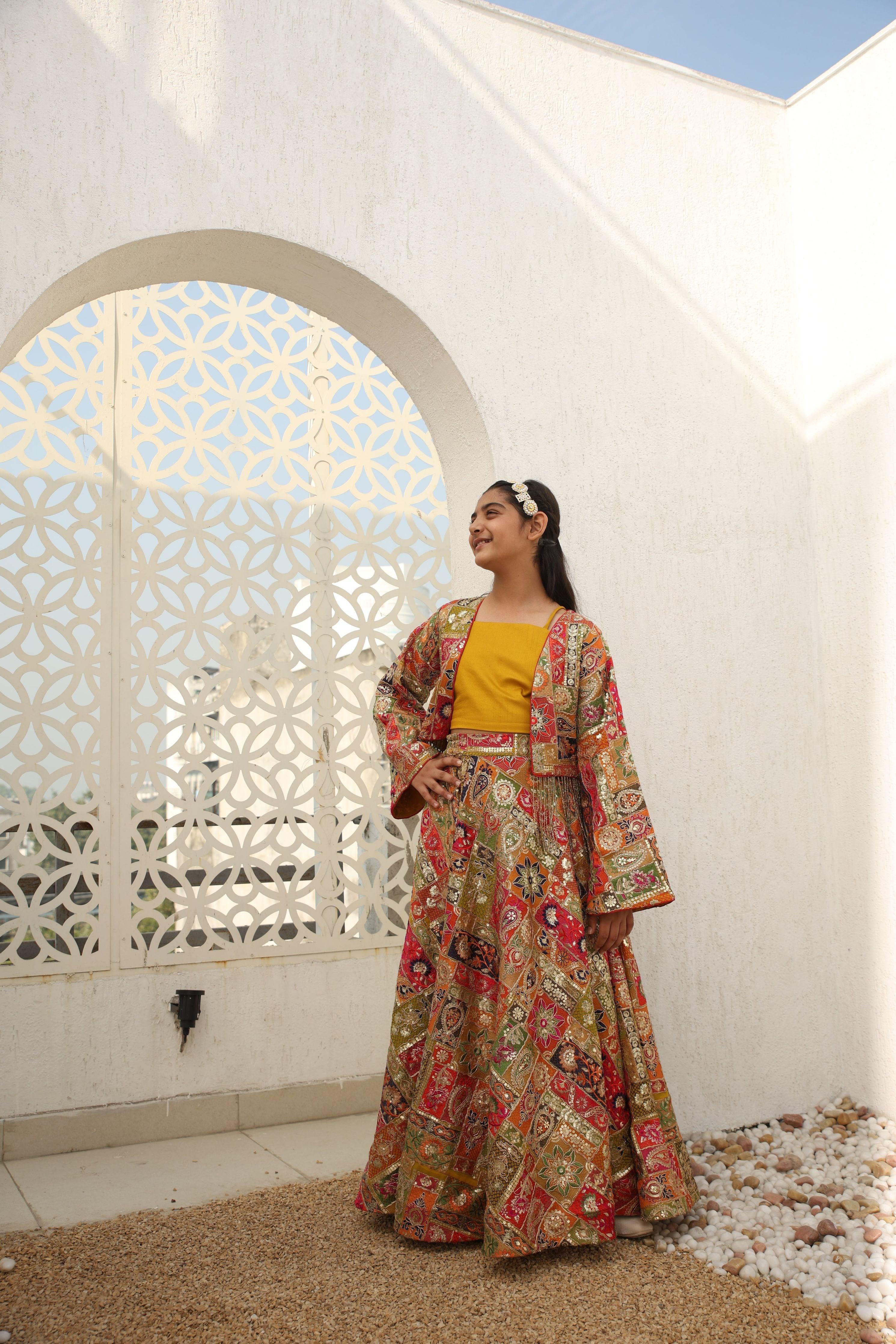 Multi Coloured Embroidered Crop Top Skirt - Mokshaa