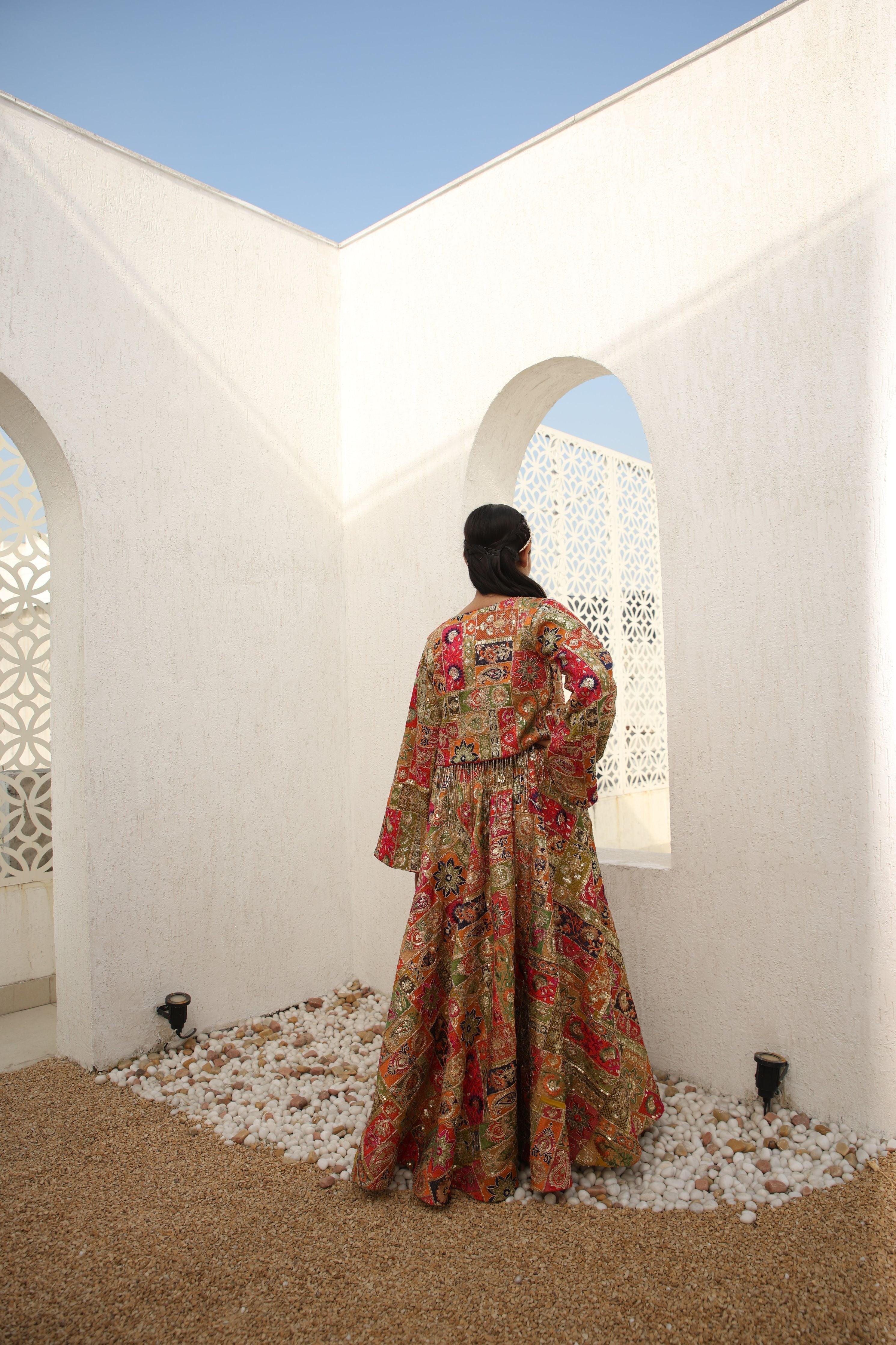 Multi Coloured Embroidered Crop Top Skirt - Mokshaa