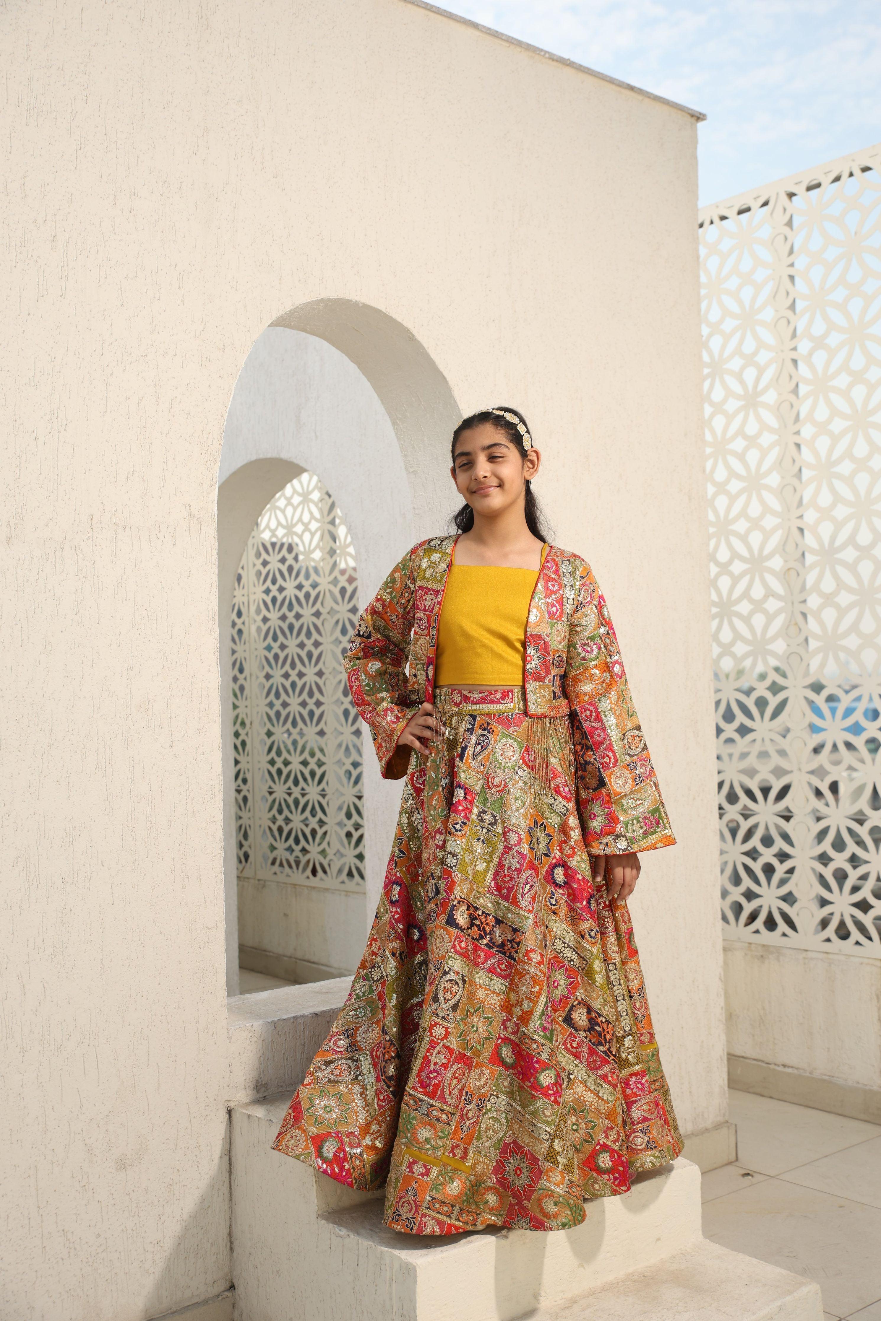 Multi Coloured Embroidered Crop Top Skirt - Mokshaa