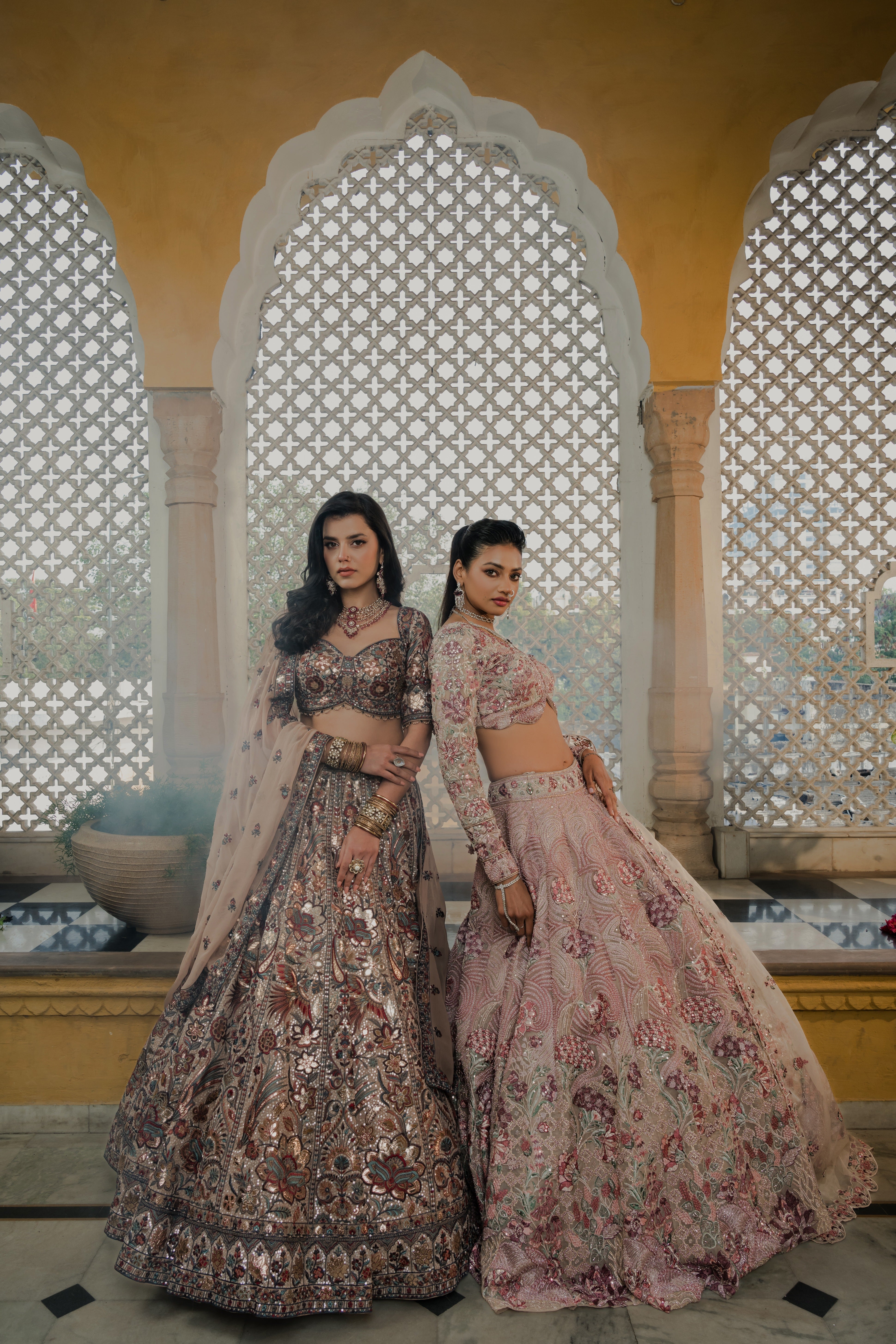Beige Multi-Color Silk Lehenga with Intricate Resham Embroidery Mokshaa