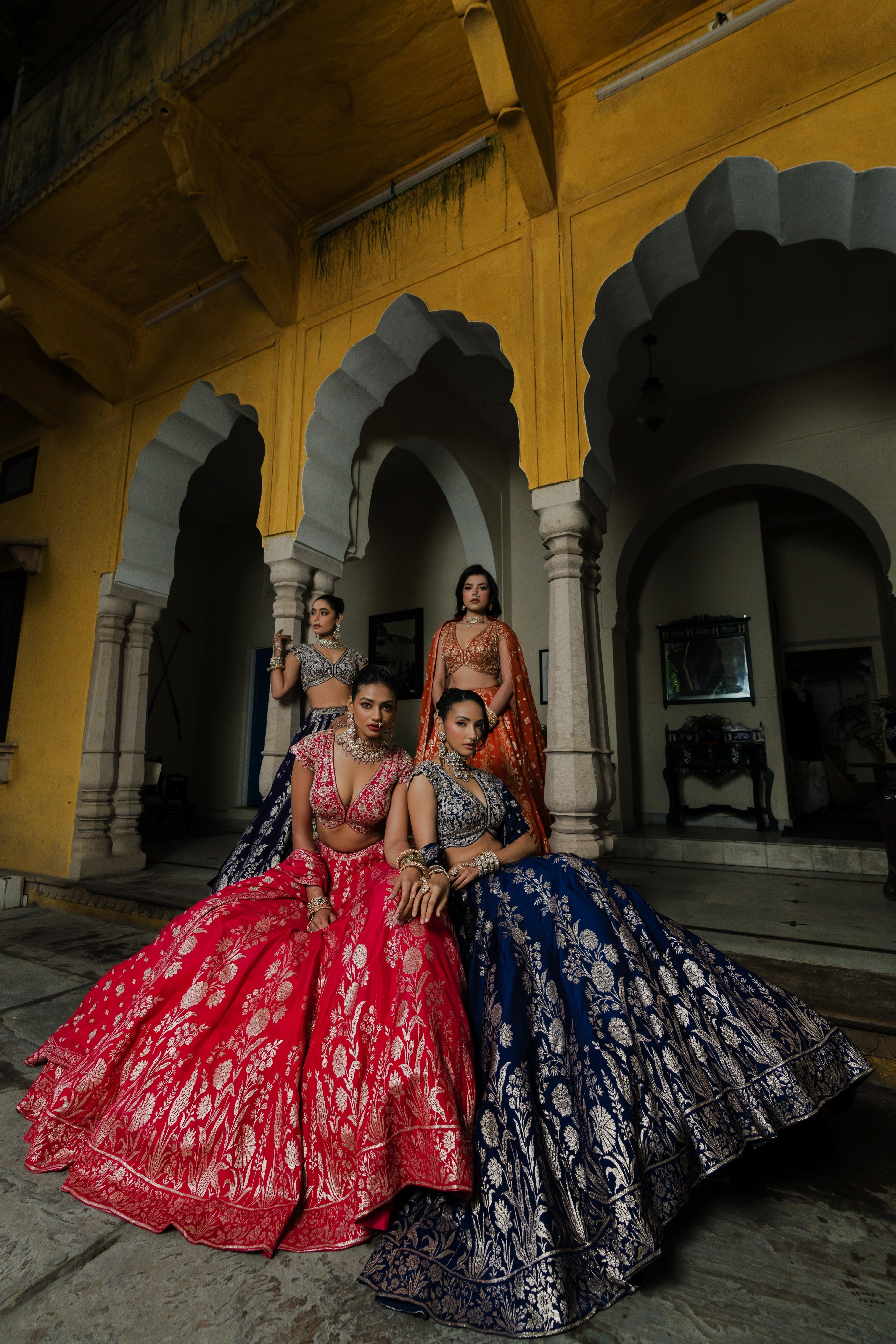 Red Silk Lehenga Set with Silver Zari Embroidery Mokshaa