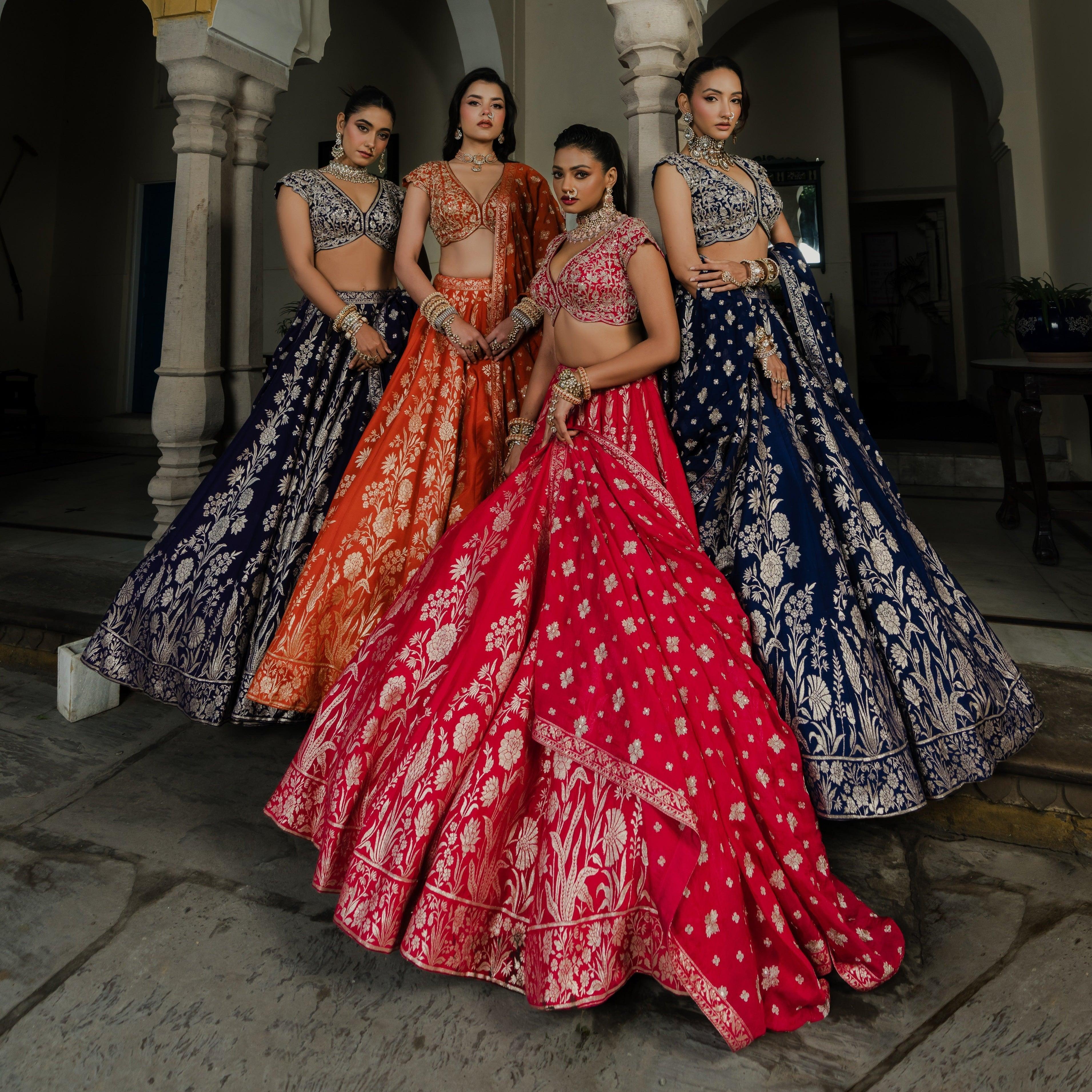 Red Silk Lehenga Set with Silver Zari Embroidery Mokshaa