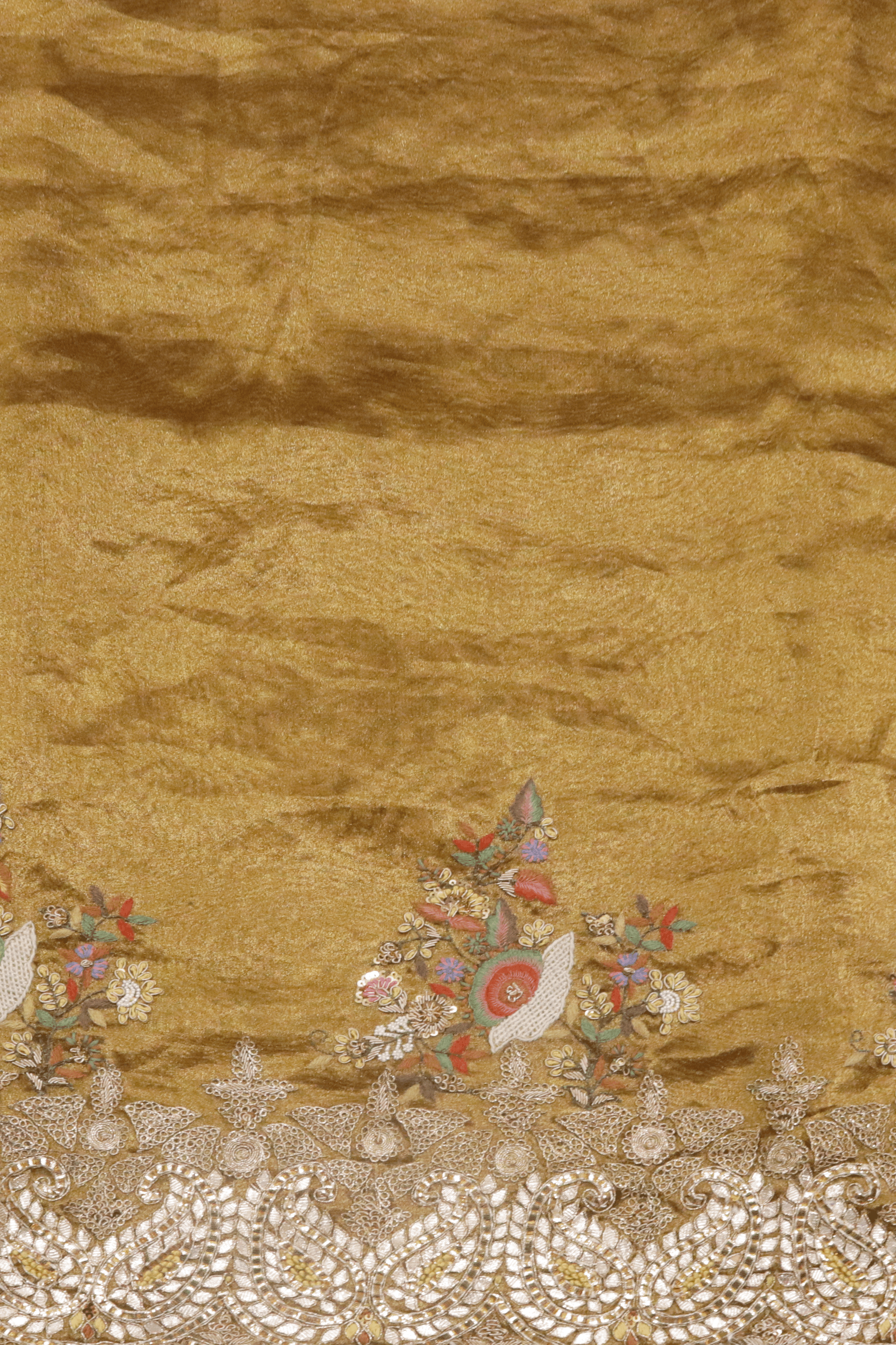 Gold Tissue Organza Saree with Gota & French Knot Work.