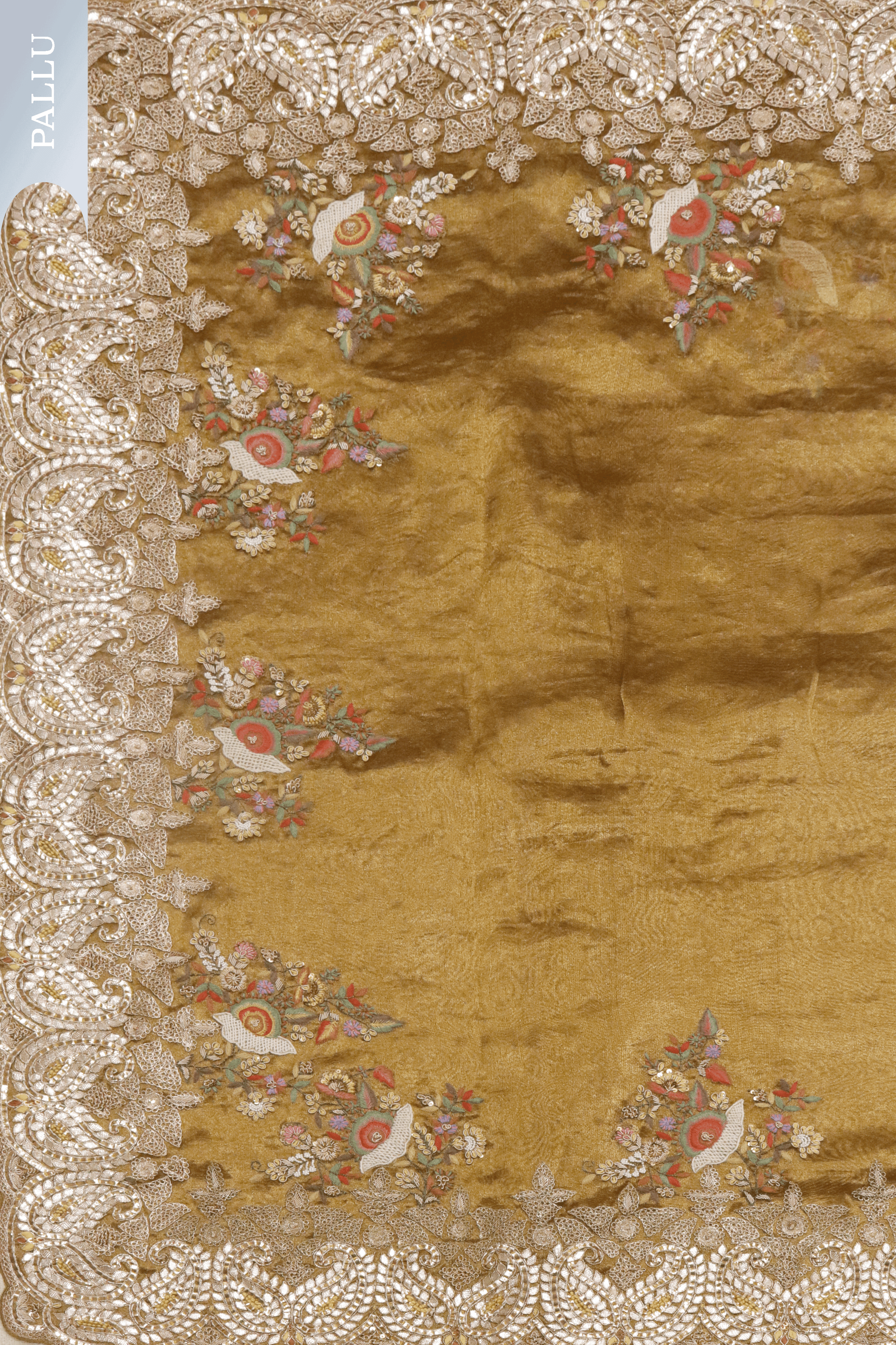 Gold Tissue Organza Saree with Gota & French Knot Work.