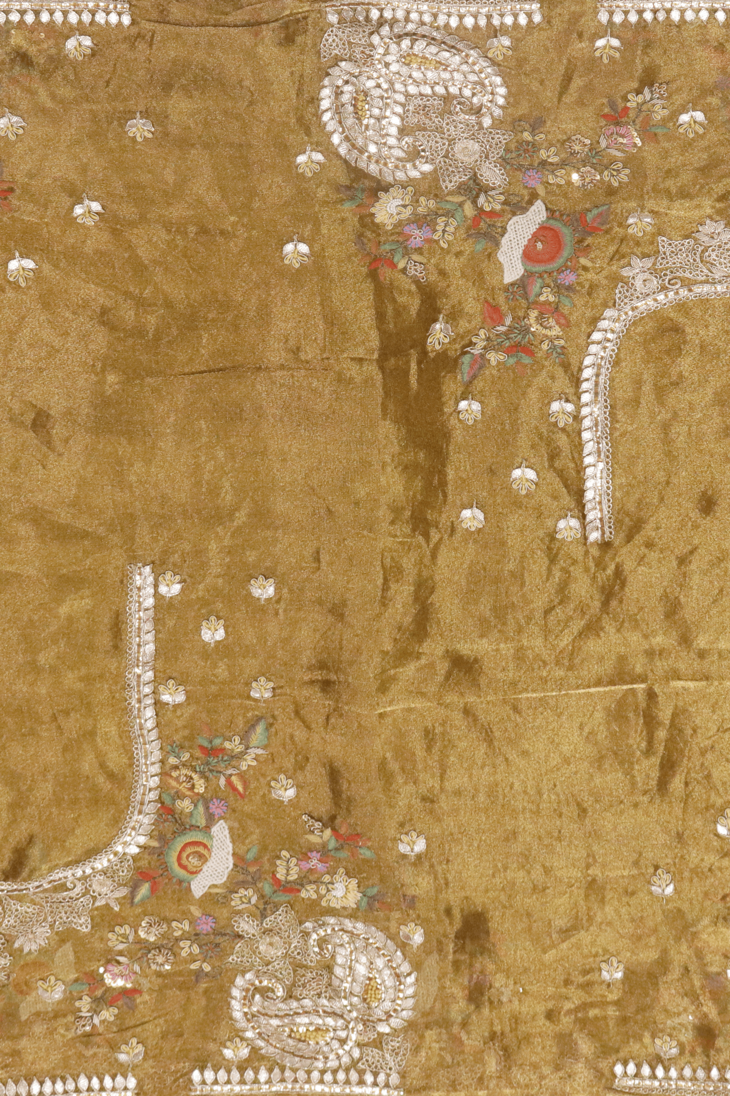 Gold Tissue Organza Saree with Gota & French Knot Work.