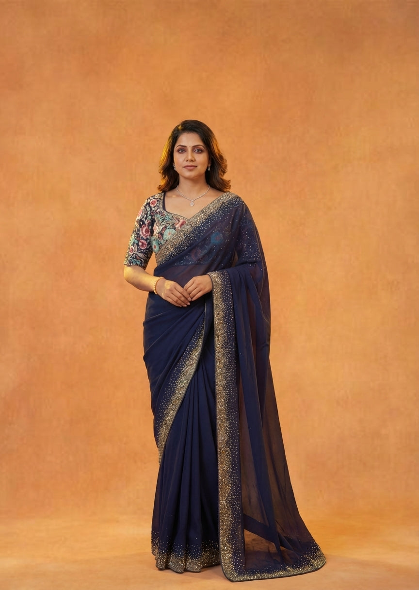 Navy Blue Chiffon Saree with Sequin Border & Multi-Embroidery Blouse