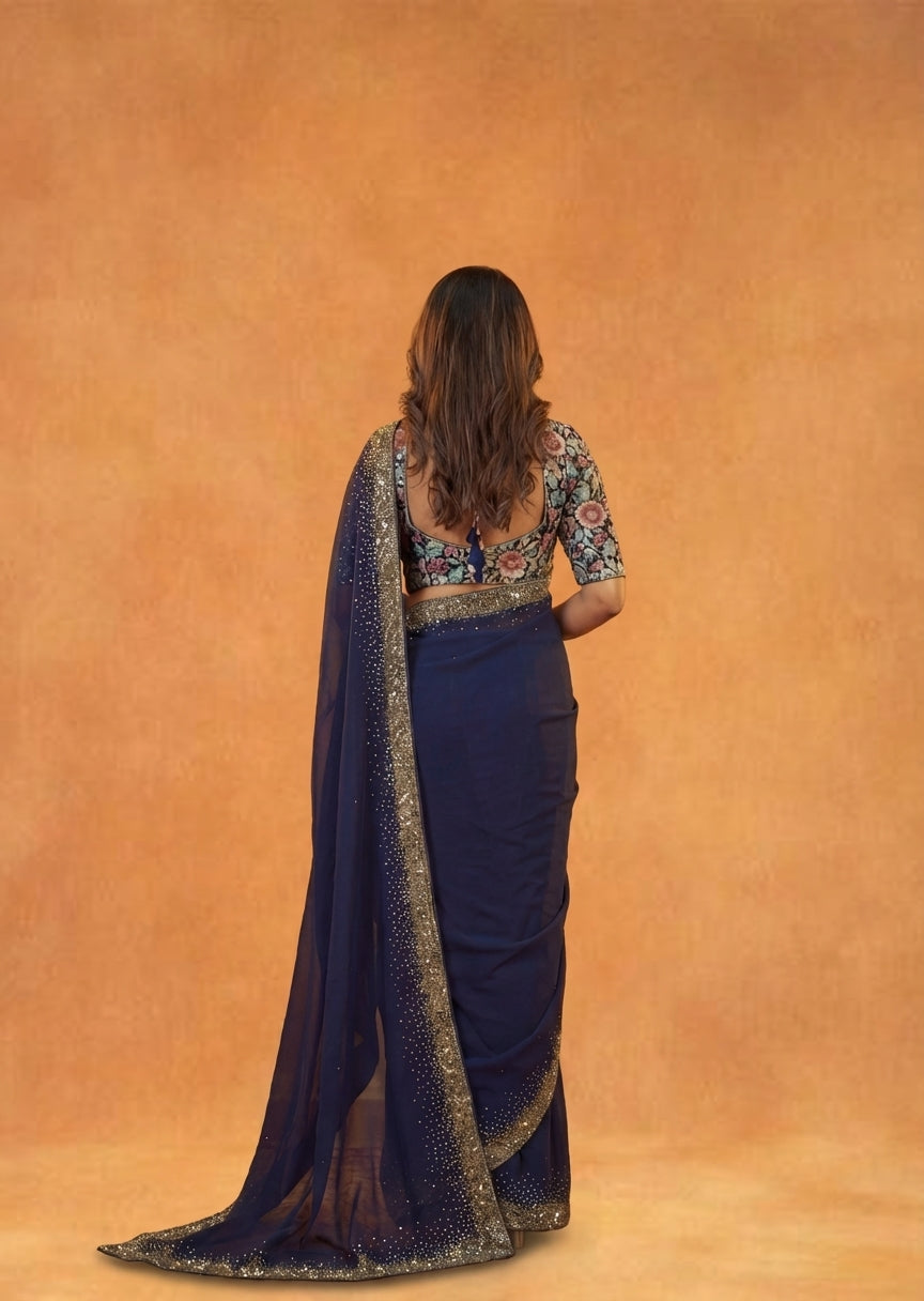 Navy Blue Chiffon Saree with Sequin Border & Multi-Embroidery Blouse