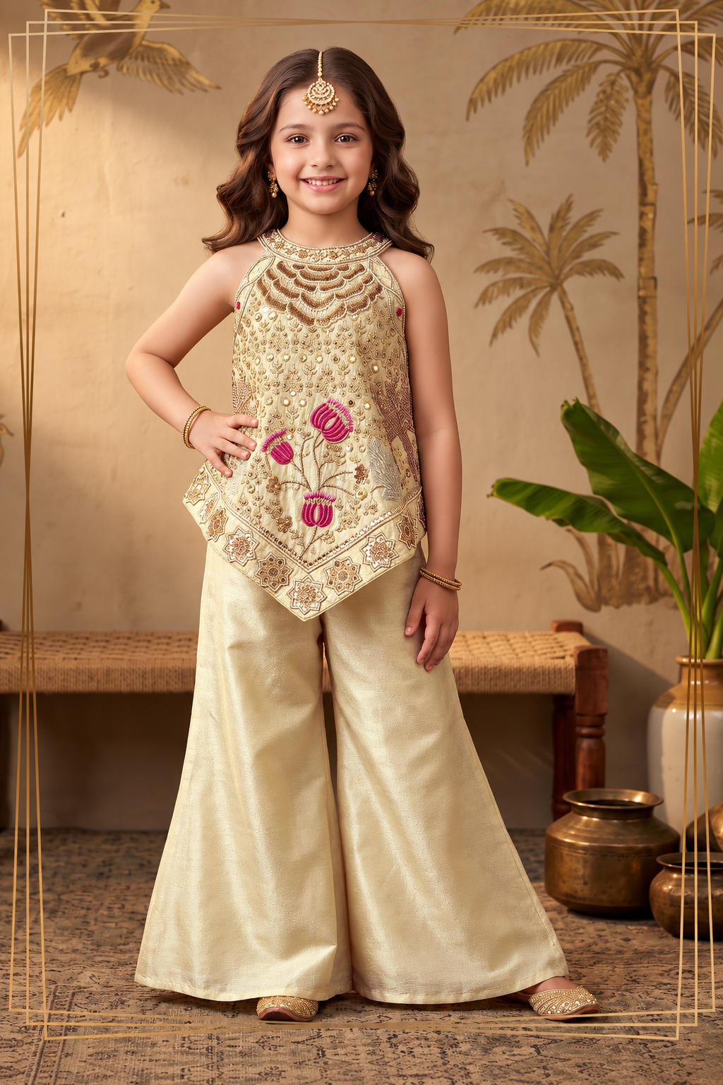 Gold Shimmer Embroidered Top with Palazzo Pants