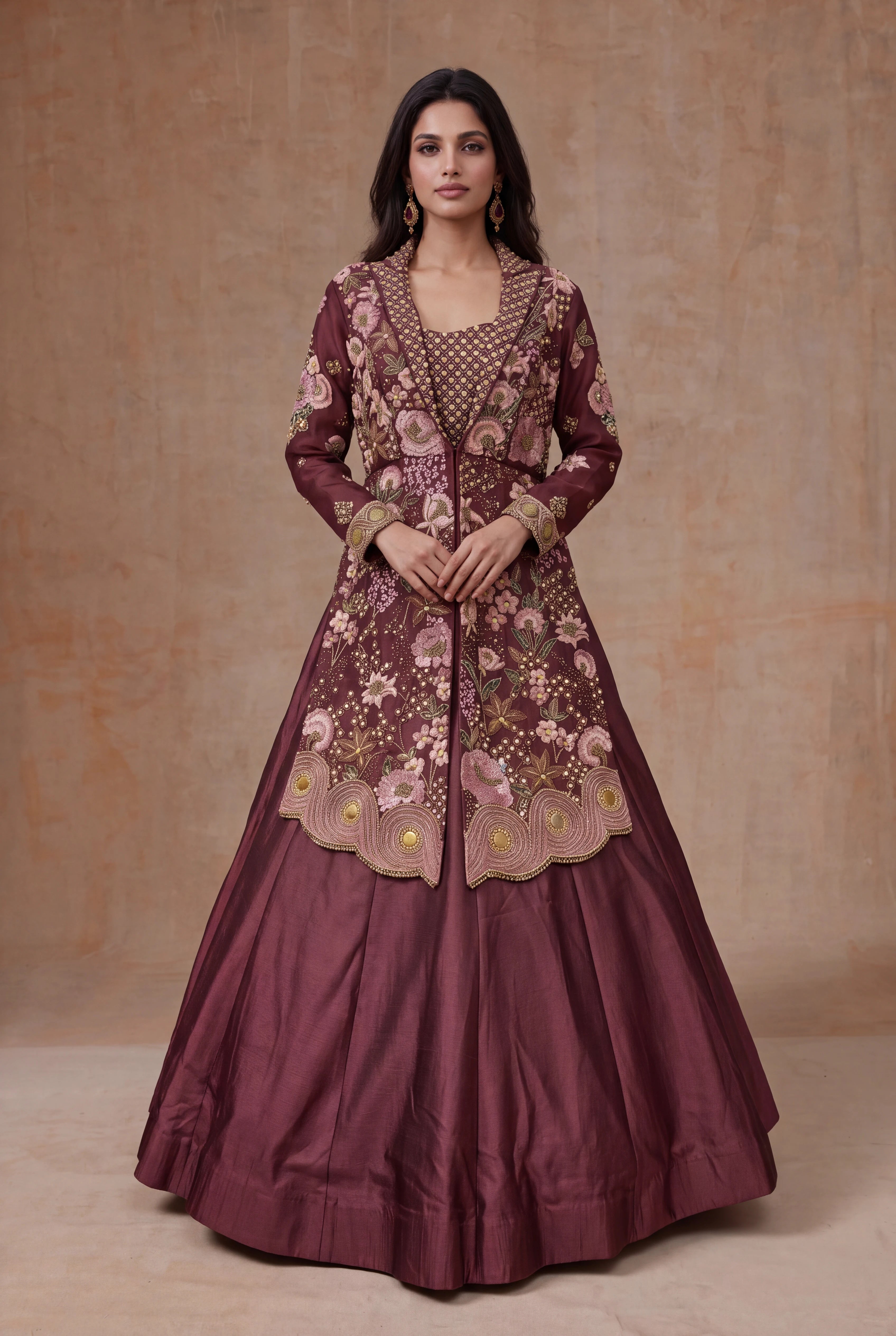 Wine Mauve Raw Silk Jacket Lehenga with Floral Embroidery