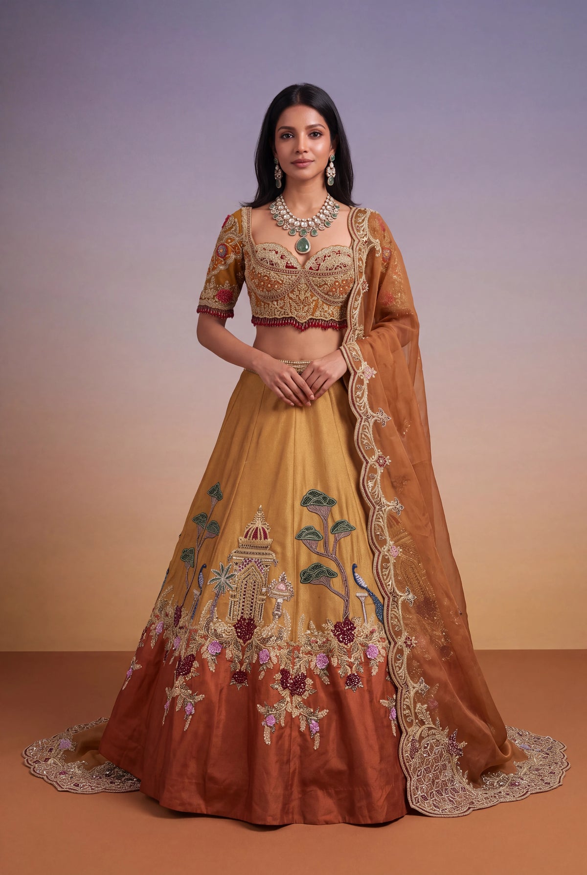 Mustard & Burnt Orange Tissue Lehenga
