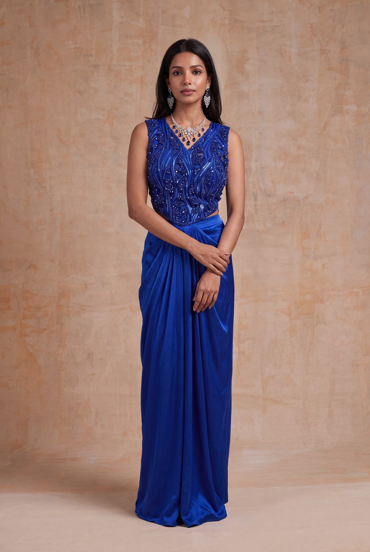 Royal Blue Embellished Draped Skirt Set