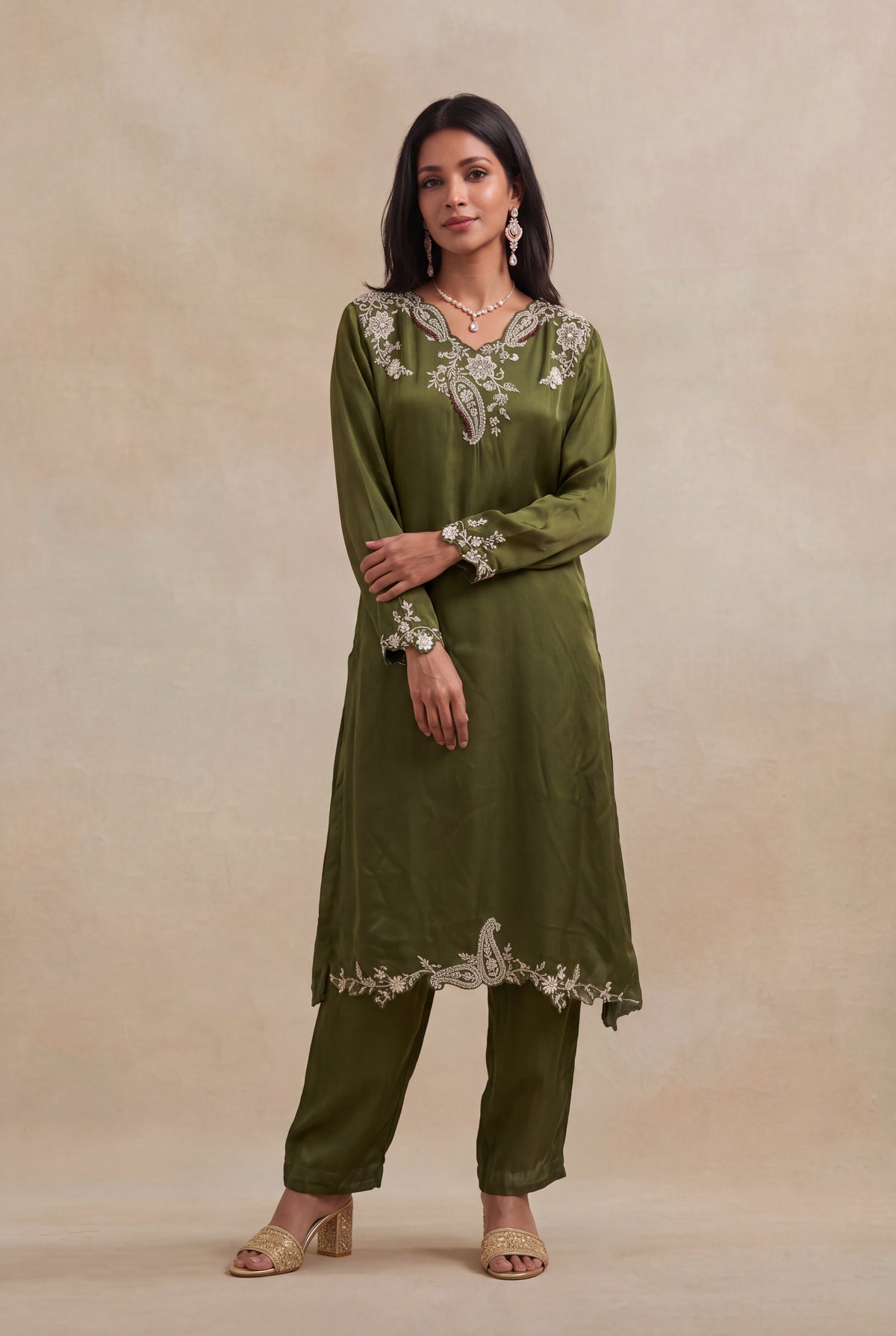 Olive Green Satin Silk Indo-Western Set with Zardozi Work