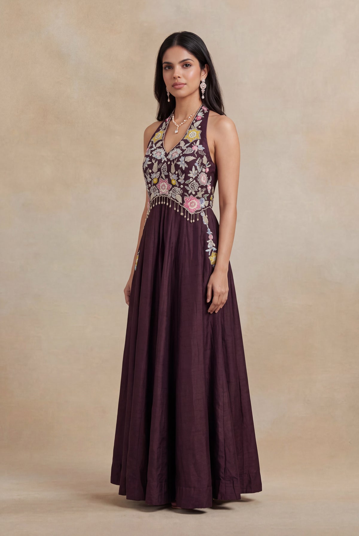 Wine Raw Silk Floral Embroidered Western Gown