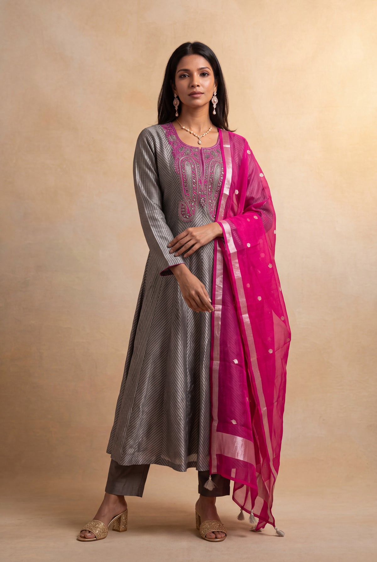 Grey Silk Anarkali Set