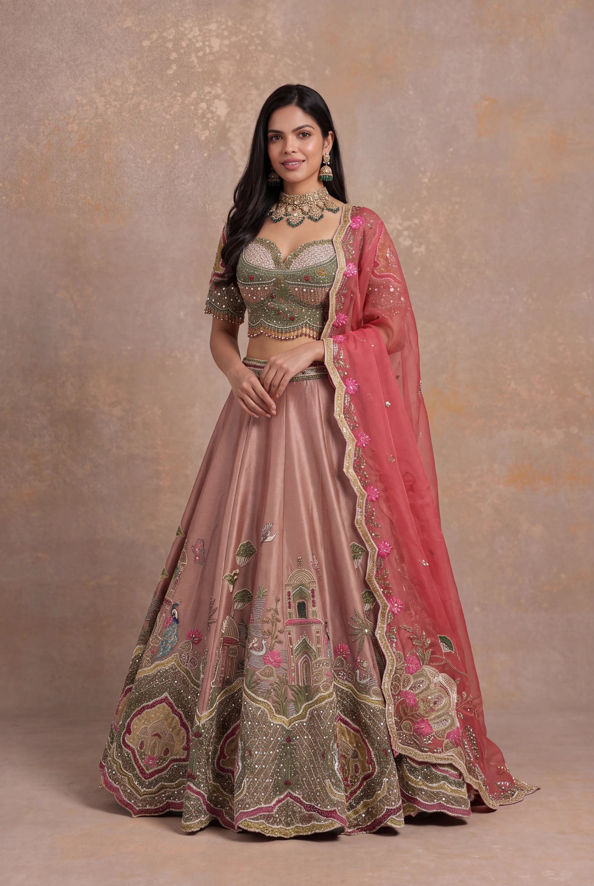 Dusty Rose Tissue Lehenga Set with Velvet Applique