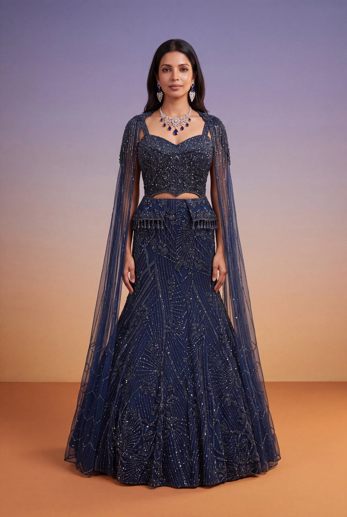 Navy Blue Embellished Fish-Cut Gown with Cape