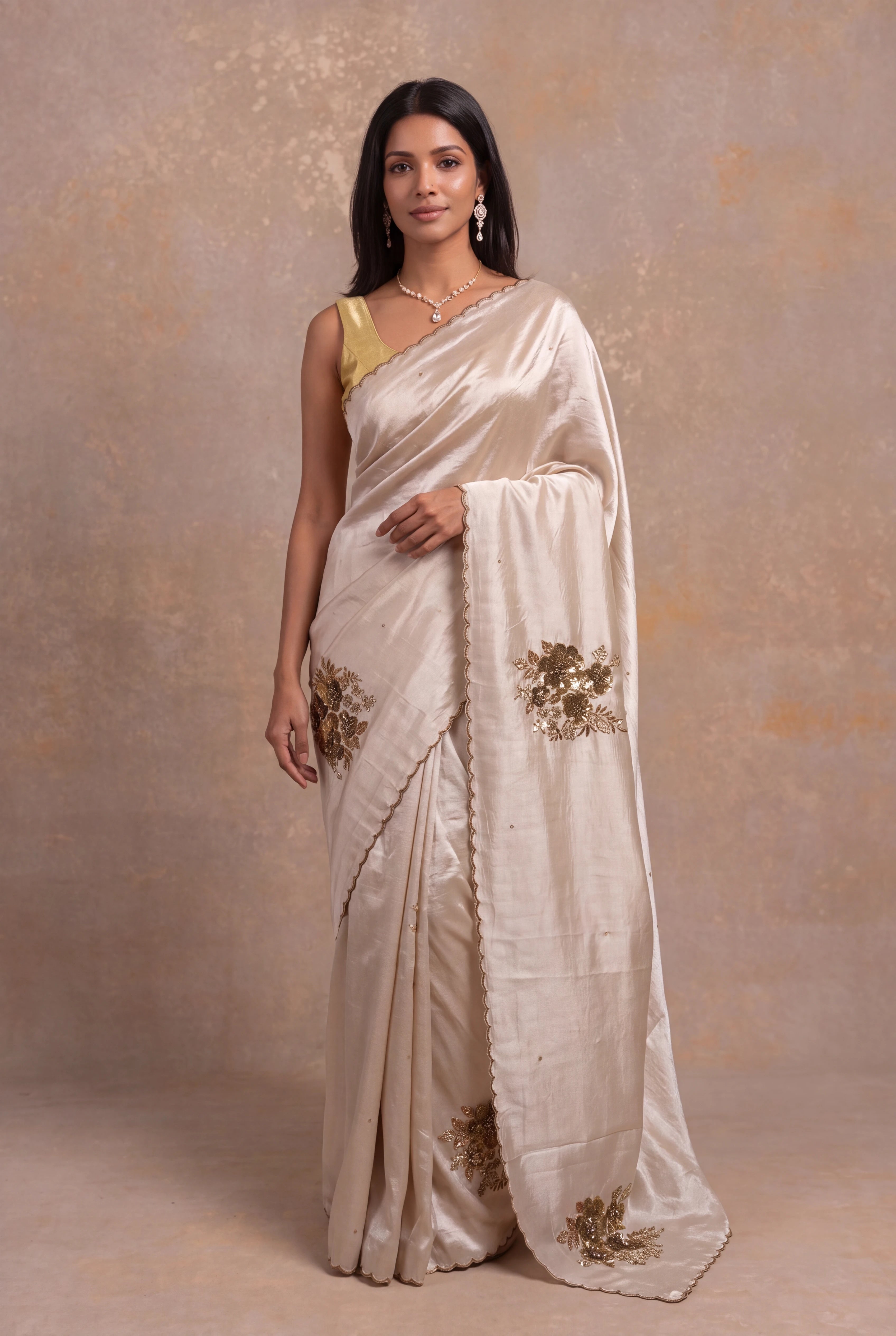 Ivory Silk Saree with Antique Sequin & Bead Floral Work