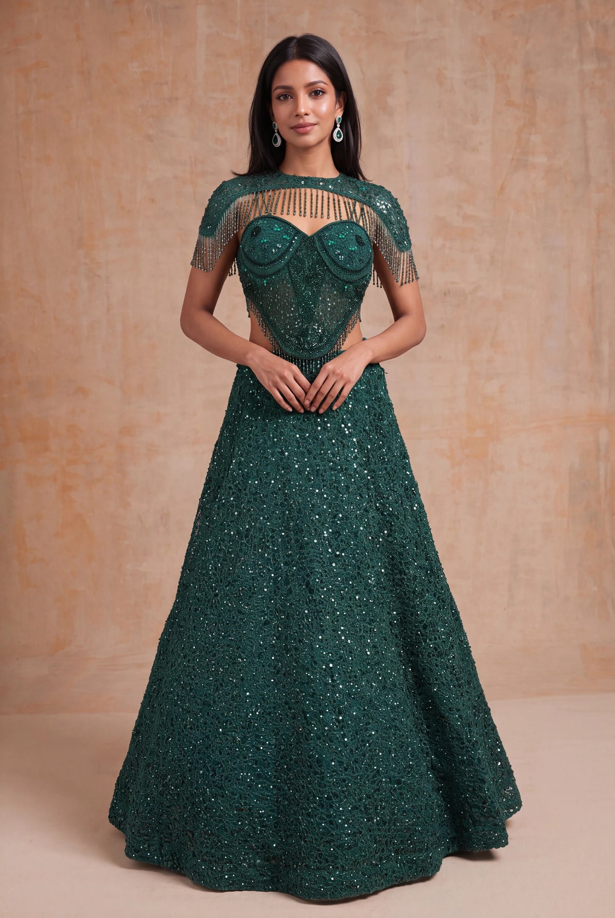 Emerald Green Indo-Western Net Lehenga