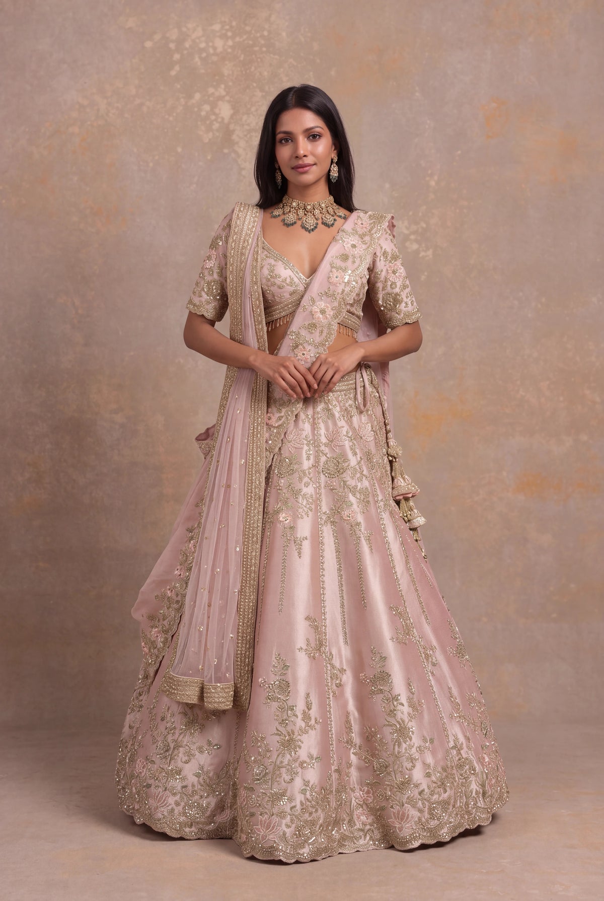 Baby Pink Tissue Silk Lehenga Set with Thread and Zardozi Work