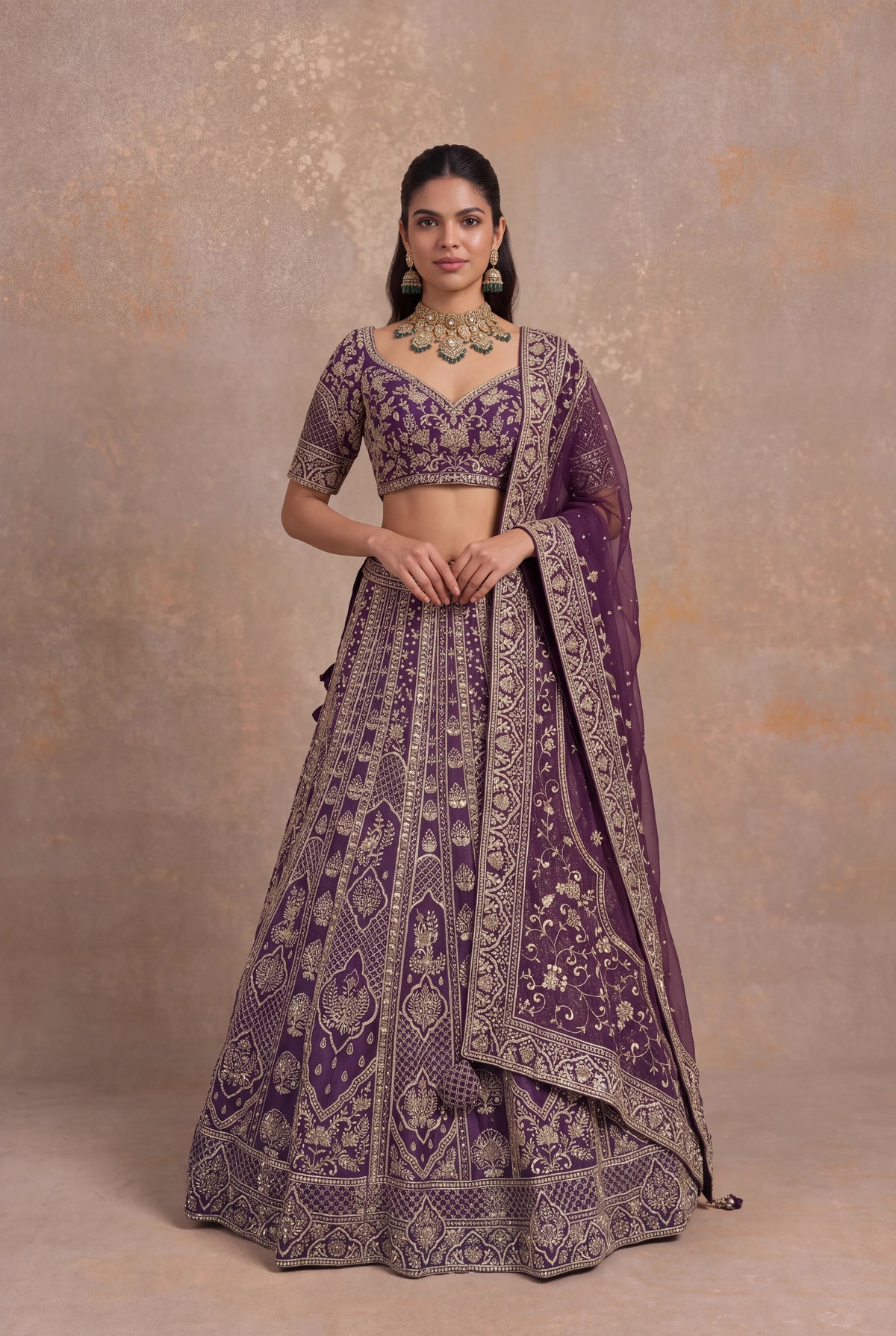 Plum Raw Silk Lehenga Set with Zardozi Embroidery