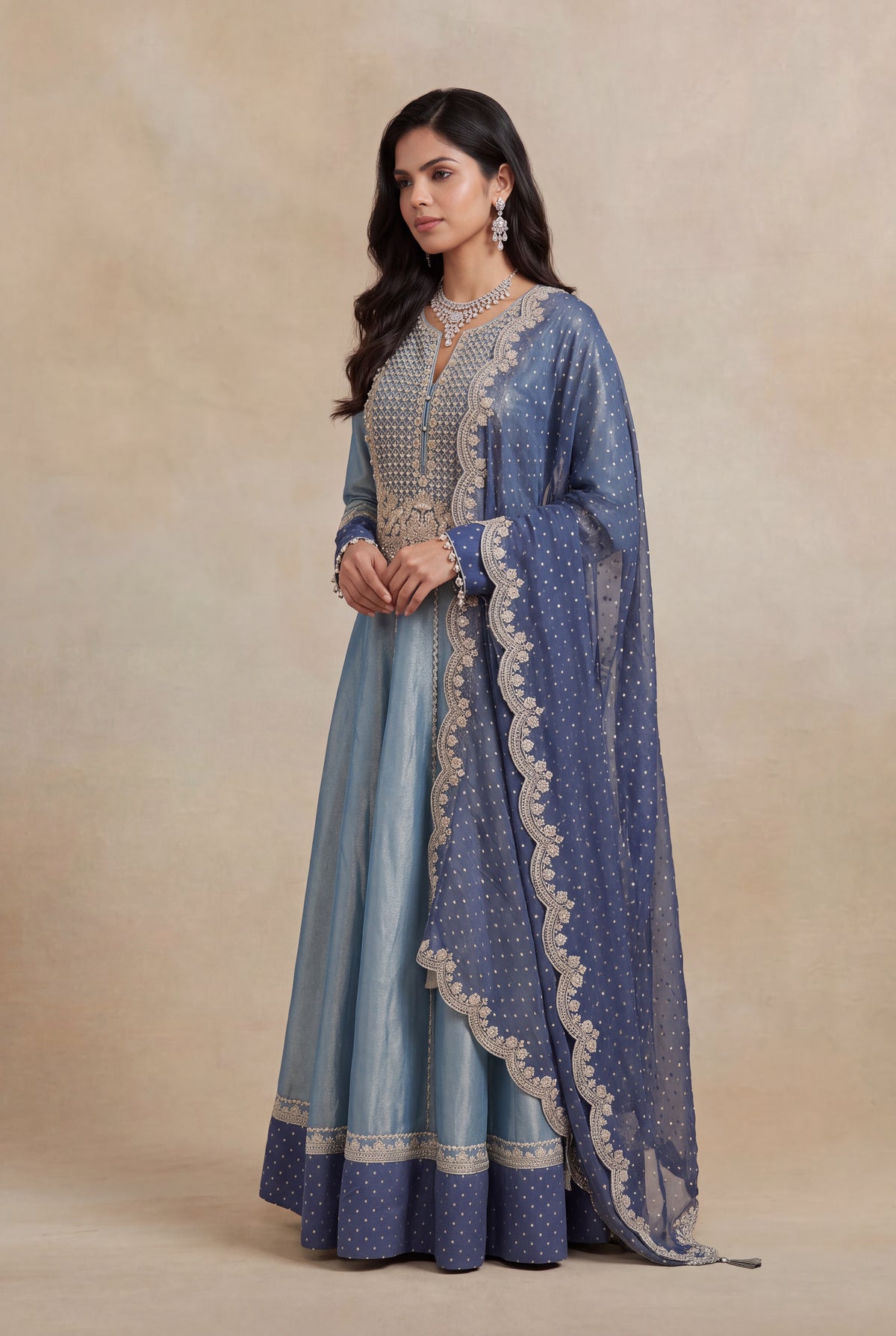 Blue Tissue Anarkali Set