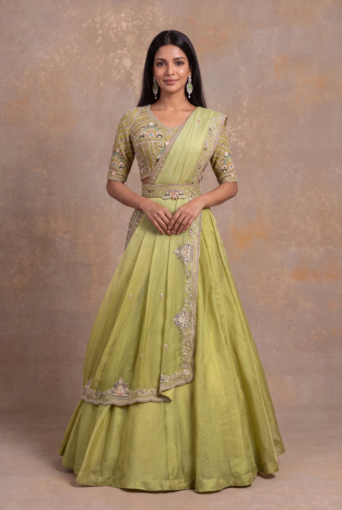 Pastel Green Organza Draped Lehenga