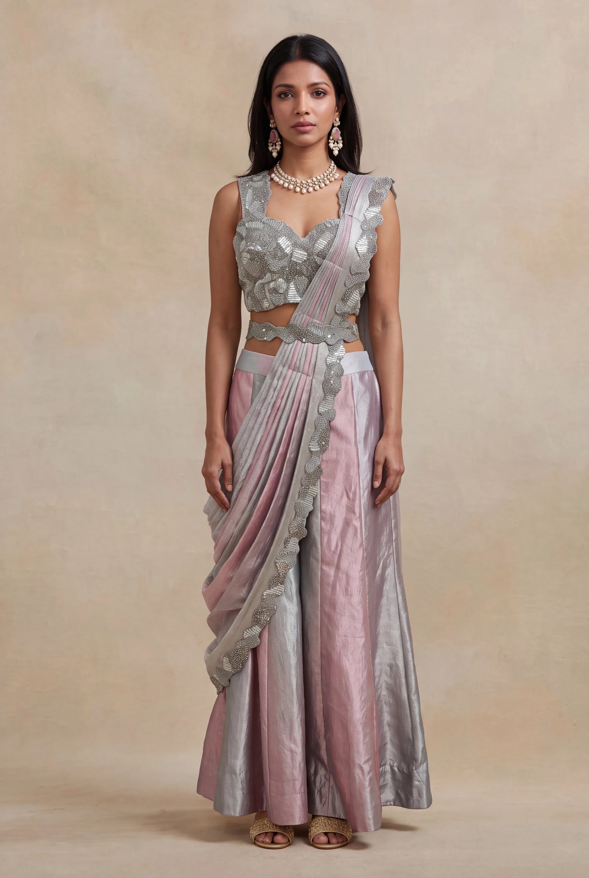 Pink & Silver Tissue Drape Saree