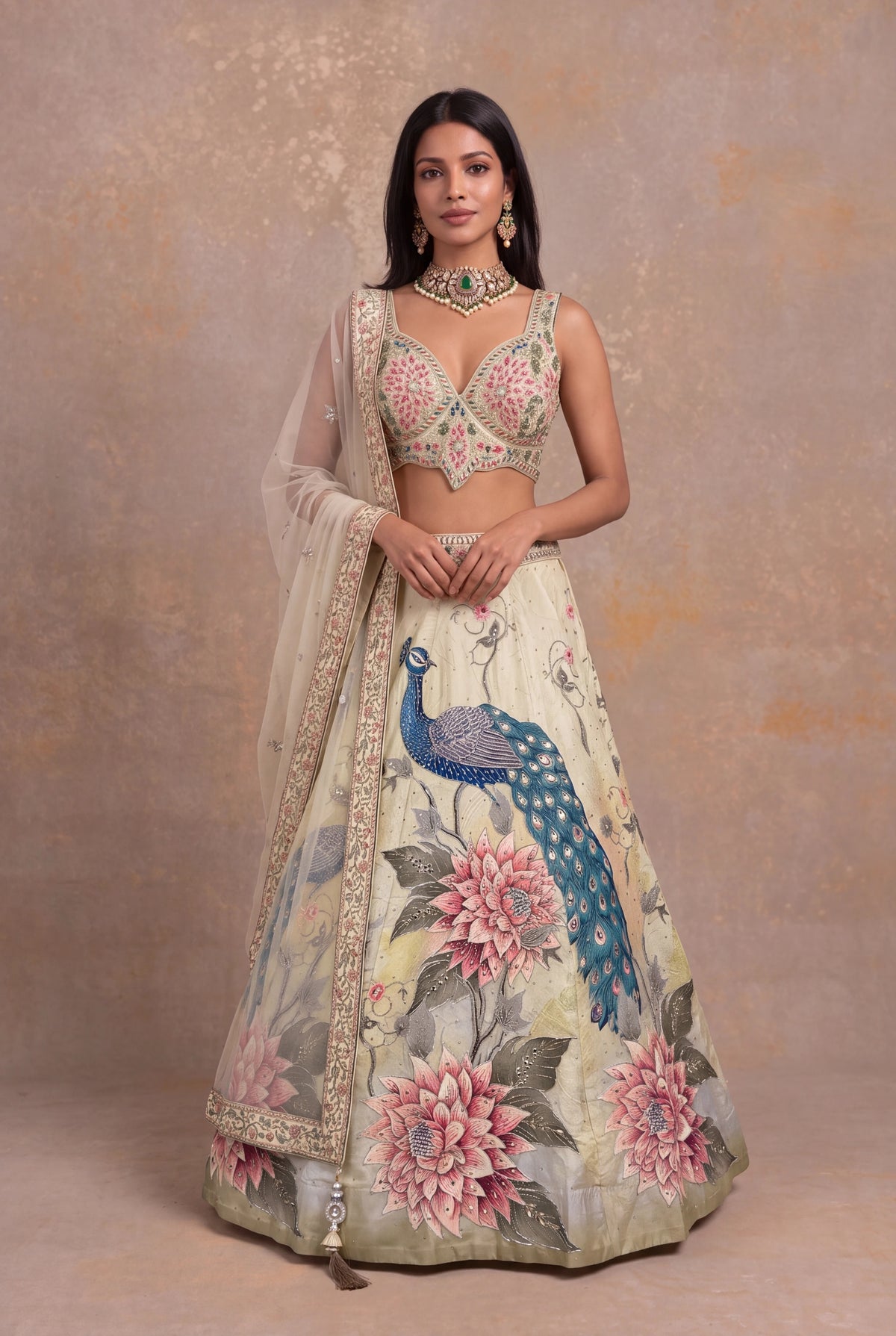 Pista Green Peacock & Floral Silk Lehenga