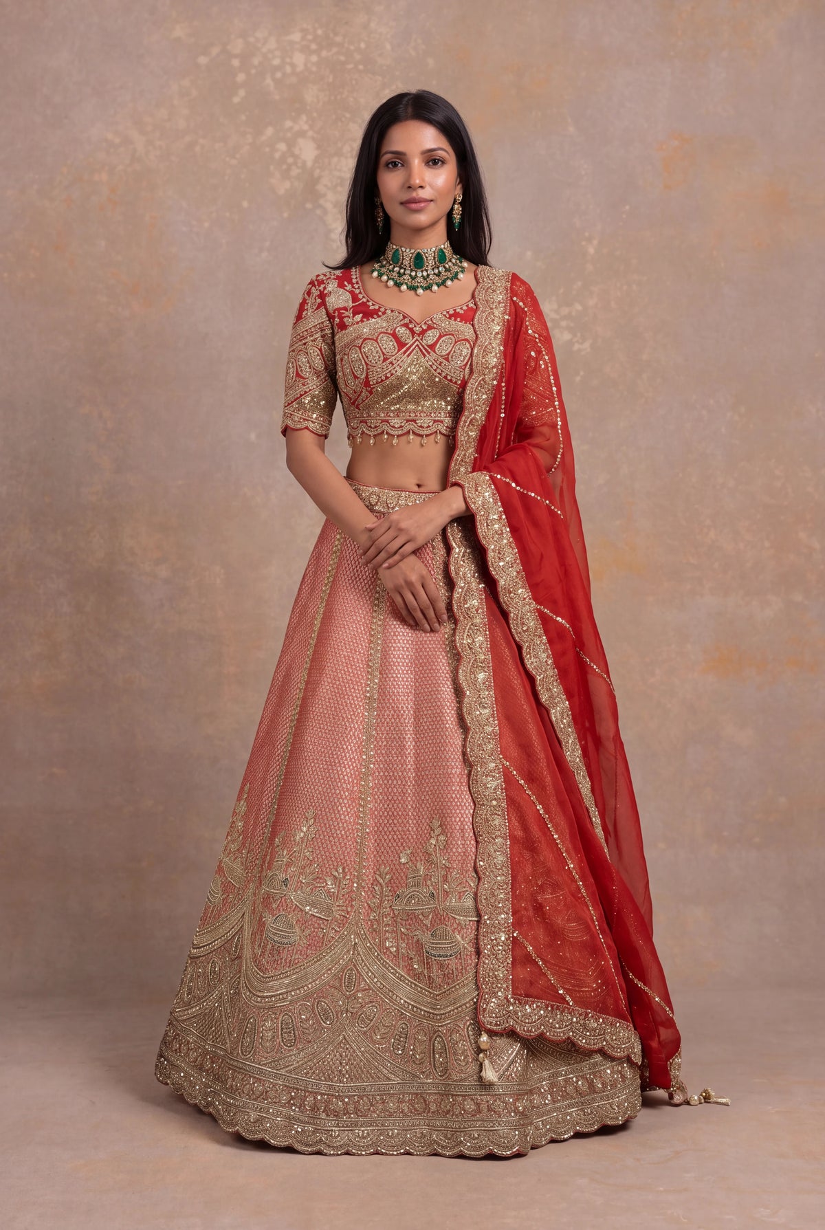 Rust Orange Banarasi Tissue Lehenga Set with Zardozi Embroidery