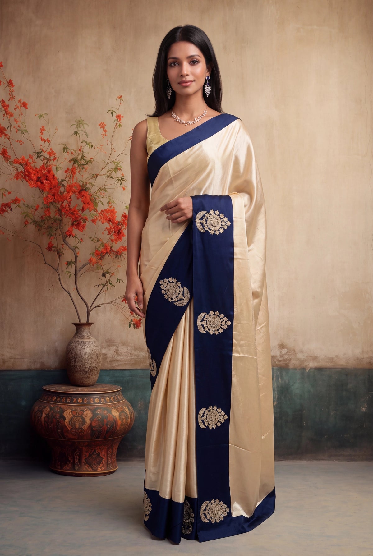 Ivory Crepe Silk Saree