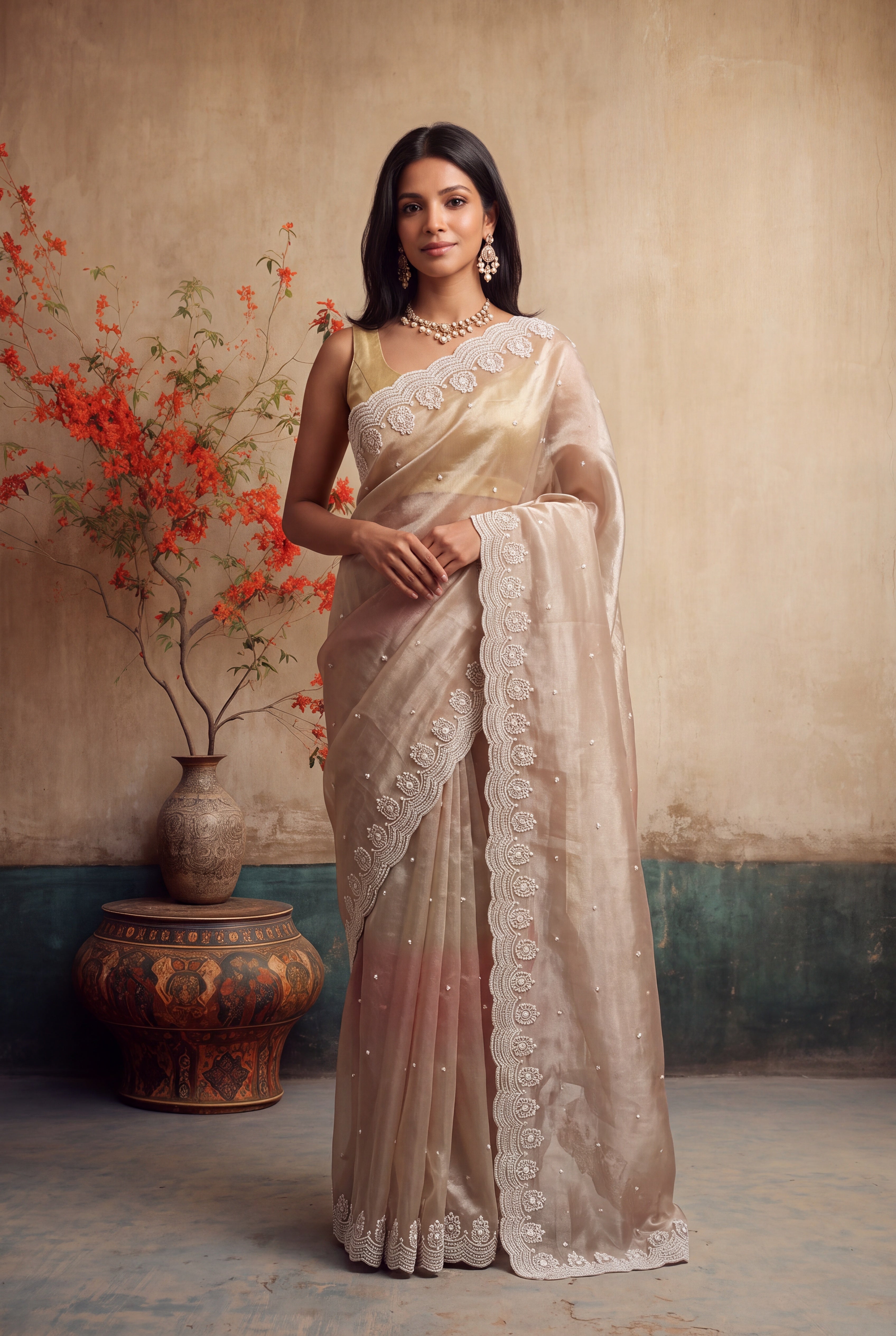 Shaded Glass Tissue Saree with Pearl Scallop Border