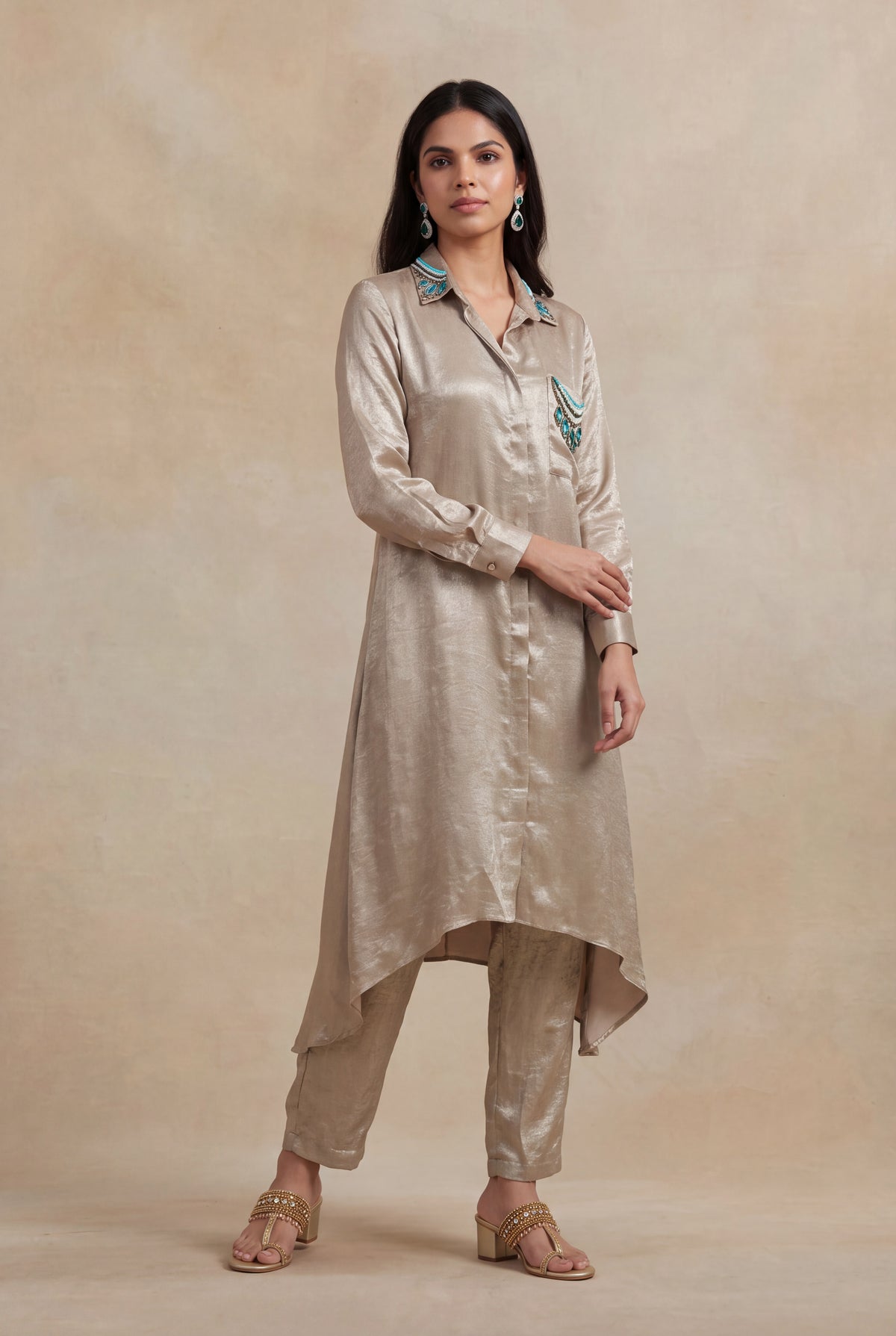 Champagne Shimmer High-Low Shirt Set
