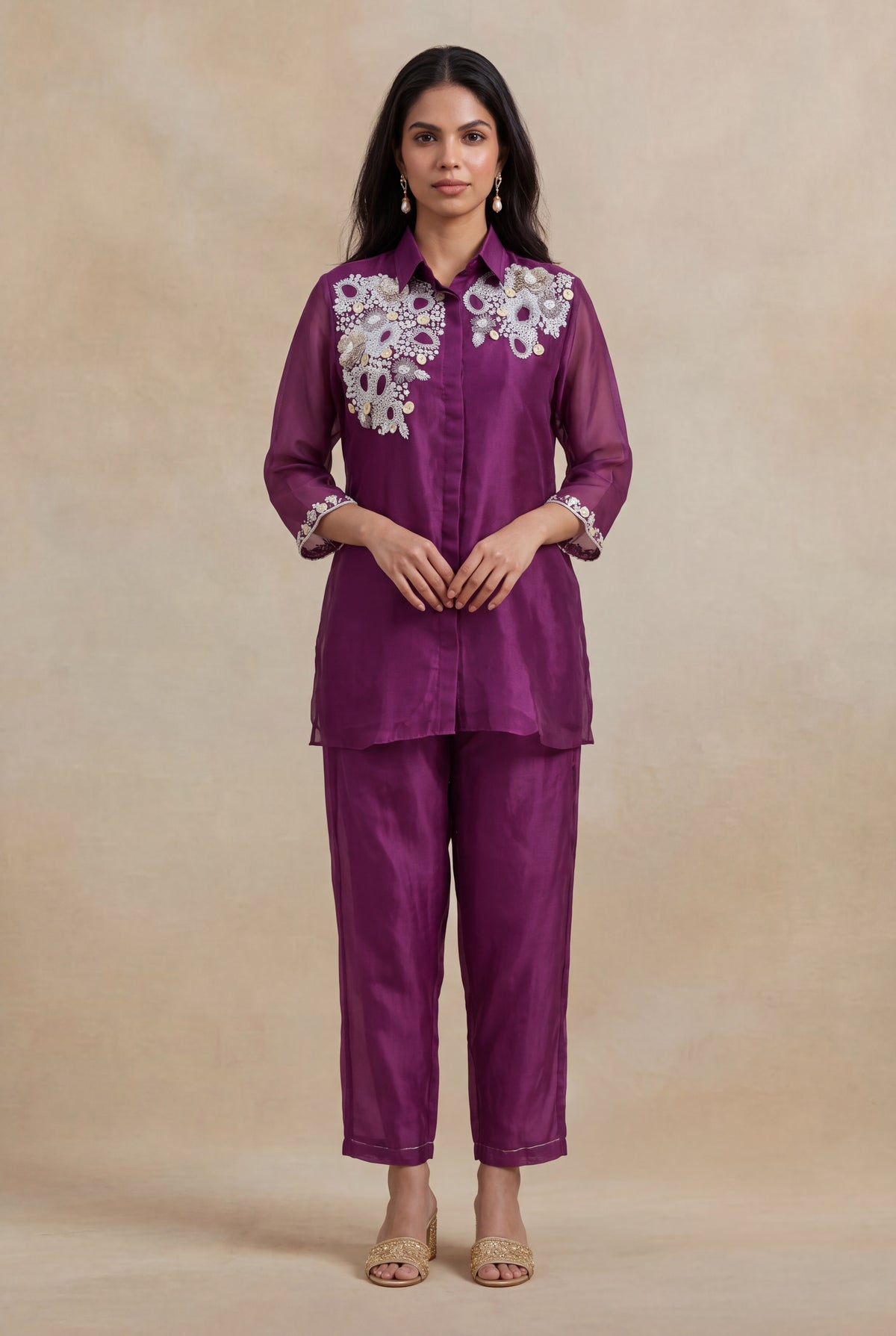 Wine Organza Co-ord Set