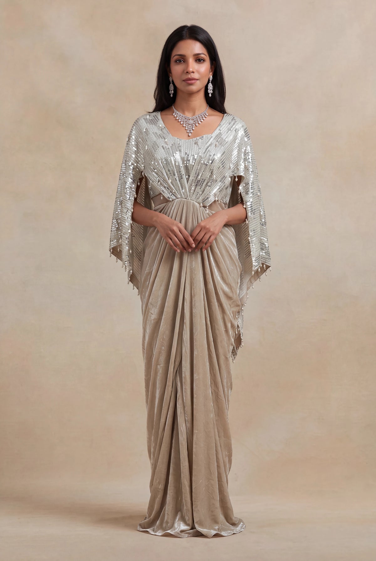 Champagne Silver Sequin & Pearl Draped Gown