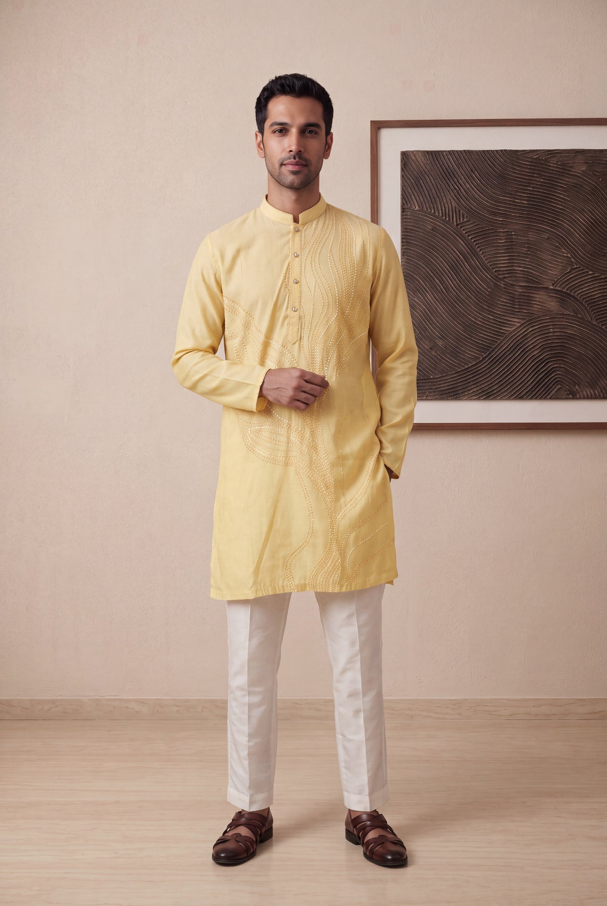 Yellow Silk Cotton Kurta Pant Set