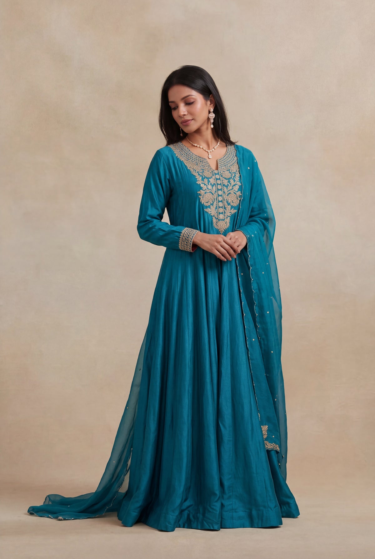 Teal Blue Chinon Silk Anarkali