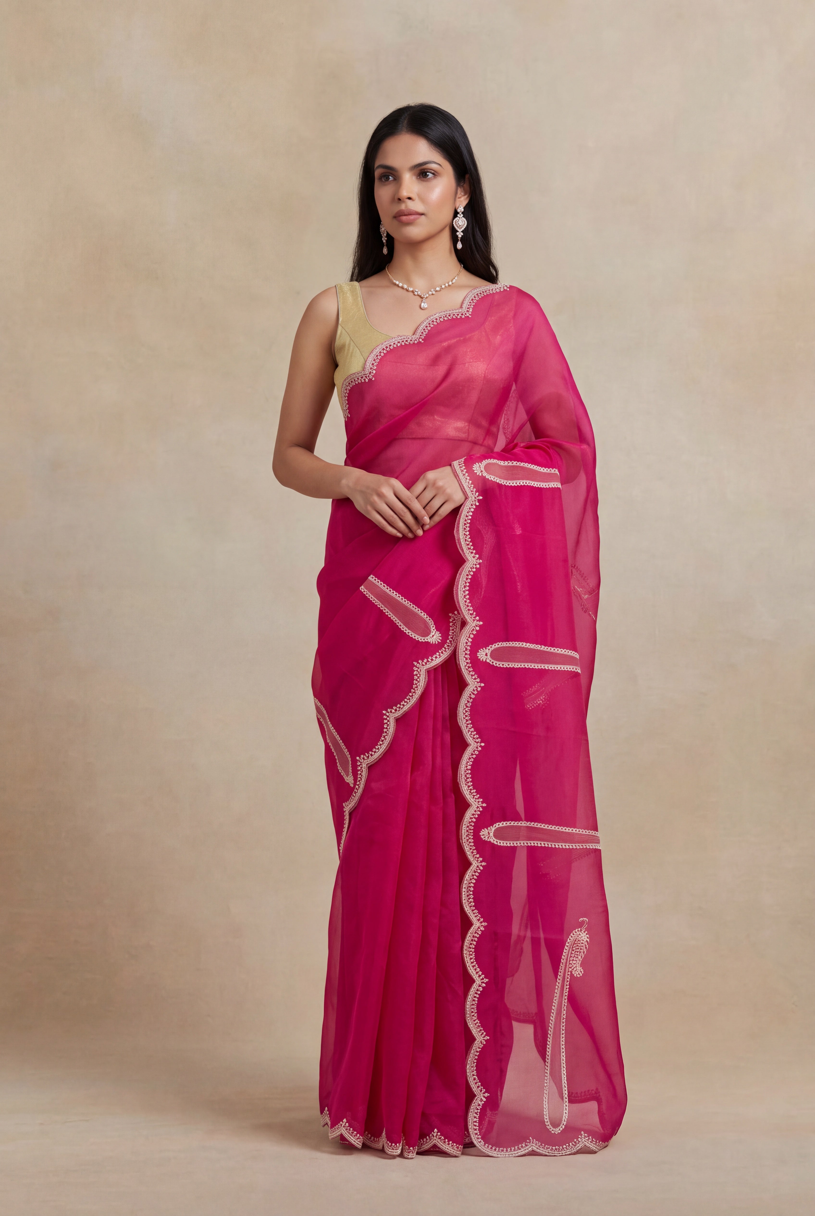 Pink Organza Saree with Aari Thread Work