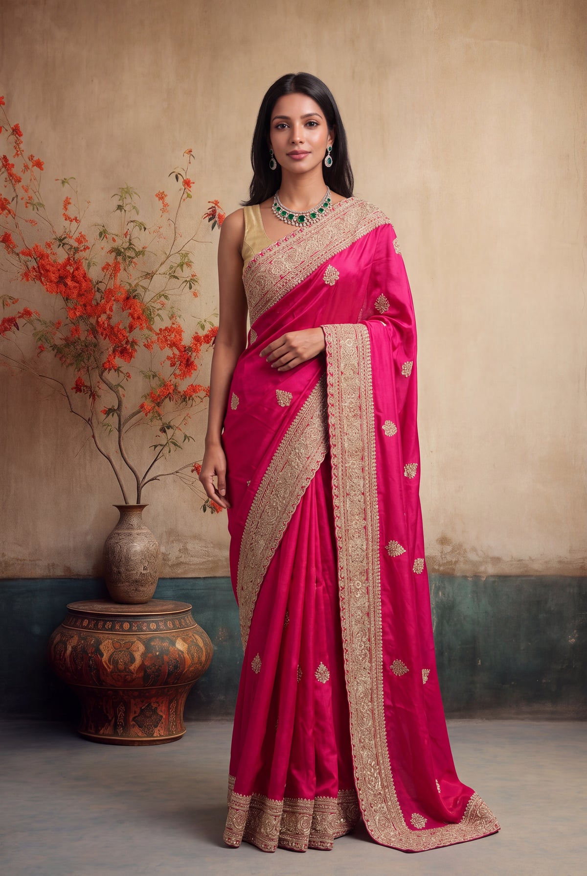Rani Pink Satin Zardosi Saree