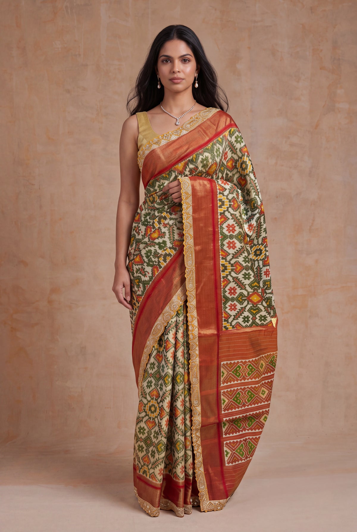 Cream Multicolor Ikat Tissue Silk Saree