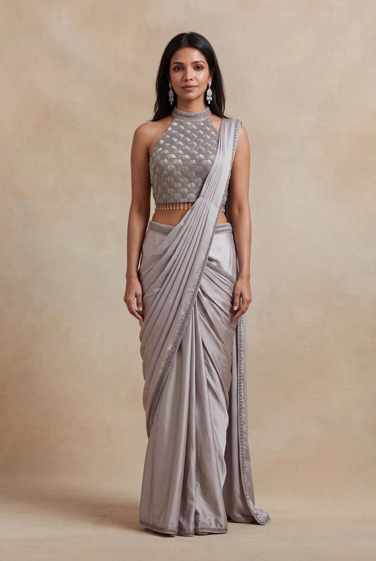 Silver Grey Satin Silk Ready-to-Wear Saree with Embellished Blouse